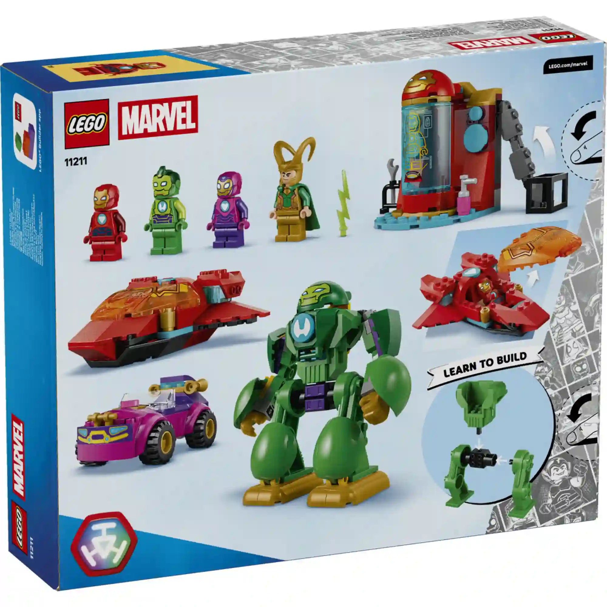 LEGO Marvel Loki vs. Vasember csapat (11211) dobozának hátoldala, bemutatva az Iron Man, Iron Hulk, Ironheart és Loki minifigurákat, a járműveket, valamint az építési funkciókat.