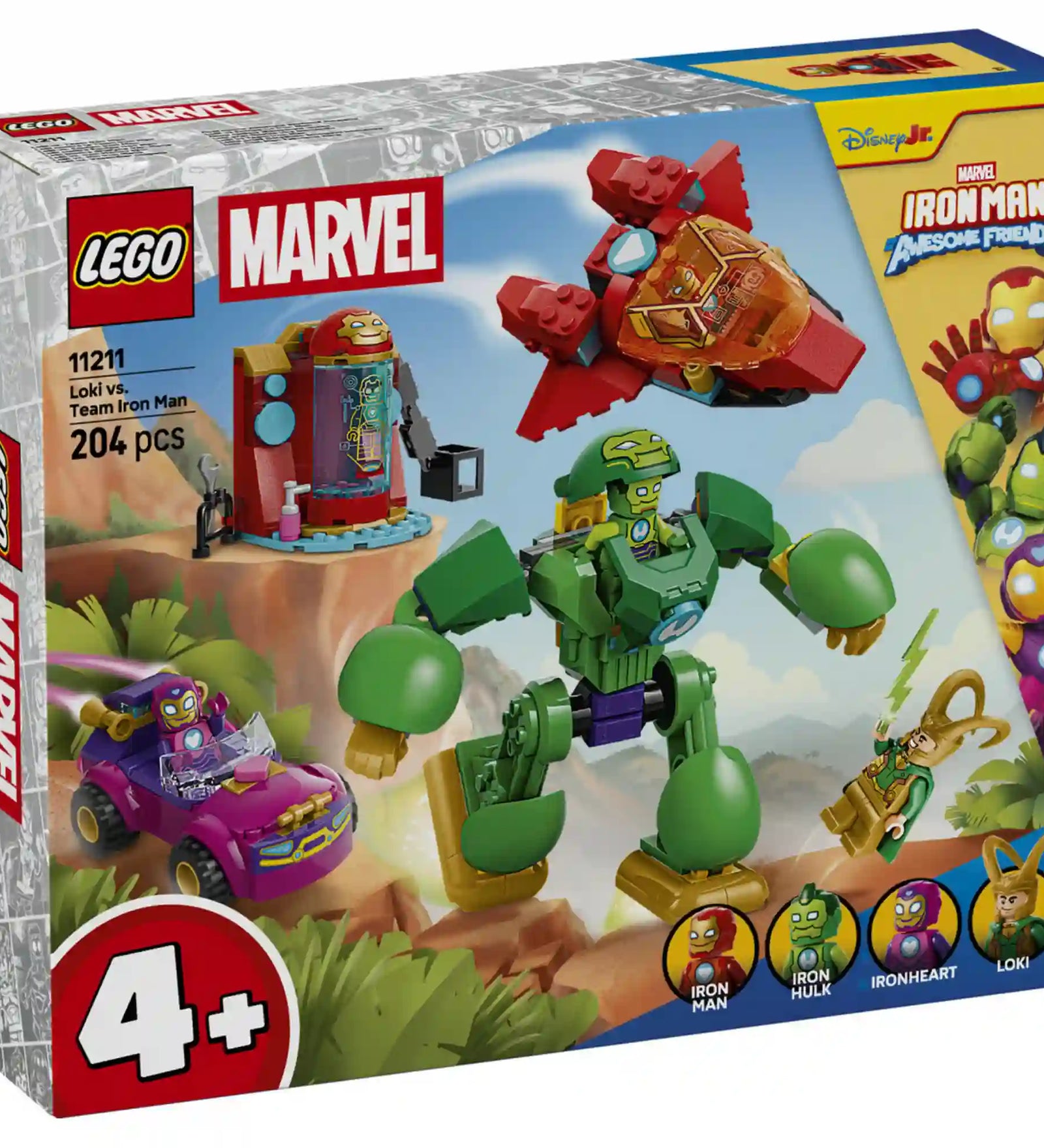 LEGO Marvel Loki vs. Vasember csapat (11211) dobozképe, amelyen az Iron Hulk páncél, Iron Man sugárhajtású repülője, Ironheart járműve és Loki látható akció közben.