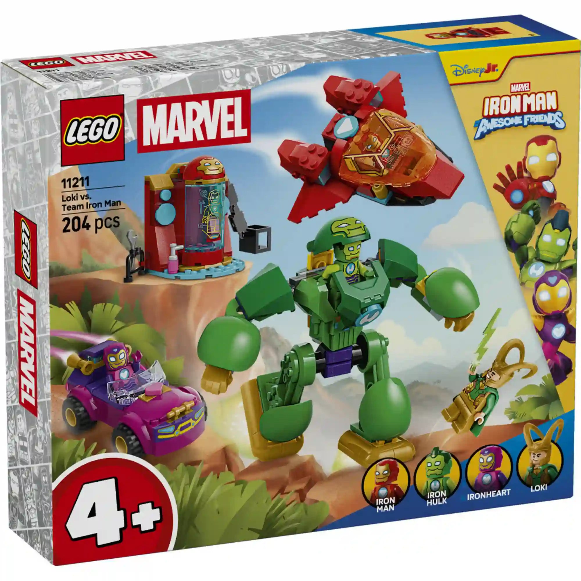 LEGO Marvel Loki vs. Vasember csapat (11211) dobozképe, amelyen az Iron Hulk páncél, Iron Man sugárhajtású repülője, Ironheart járműve és Loki látható akció közben.