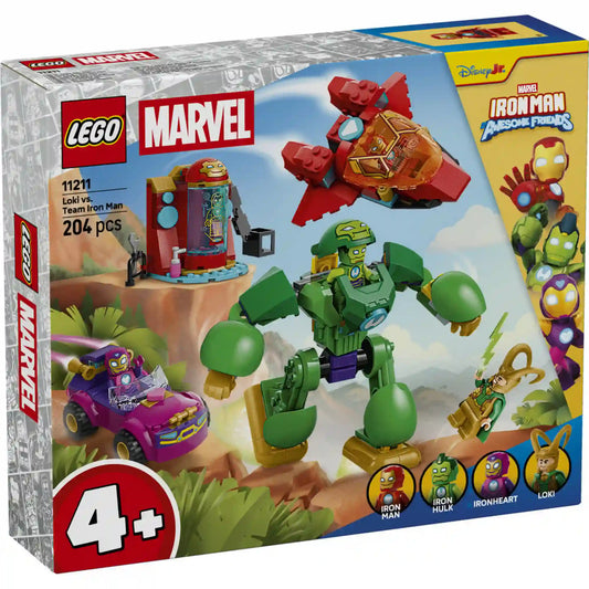 LEGO Marvel Loki vs. Vasember csapat (11211) dobozképe, amelyen az Iron Hulk páncél, Iron Man sugárhajtású repülője, Ironheart járműve és Loki látható akció közben.