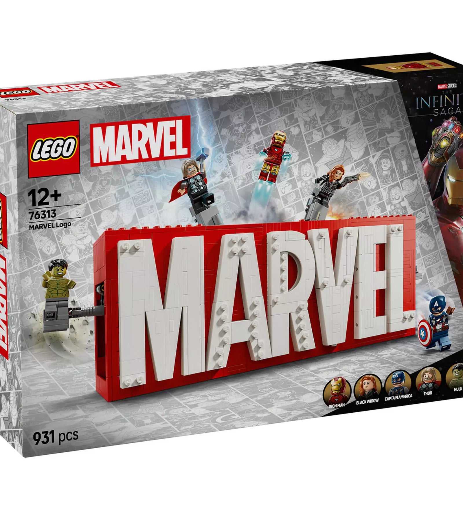 LEGO Marvel MARVEL logó és minifigurák (76313) dobozkép a termékkel és minifigurákkal: Hulk, Thor, Vasember, Fekete Özvegy és Amerika Kapitány.