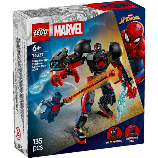 LEGO Marvel Miles Morales Mech vs. Spider-Man 2099 (76337) – Elölnézeti dobozkép, Miles Morales robotja és Spider-Man 2099 akciójelenetben.