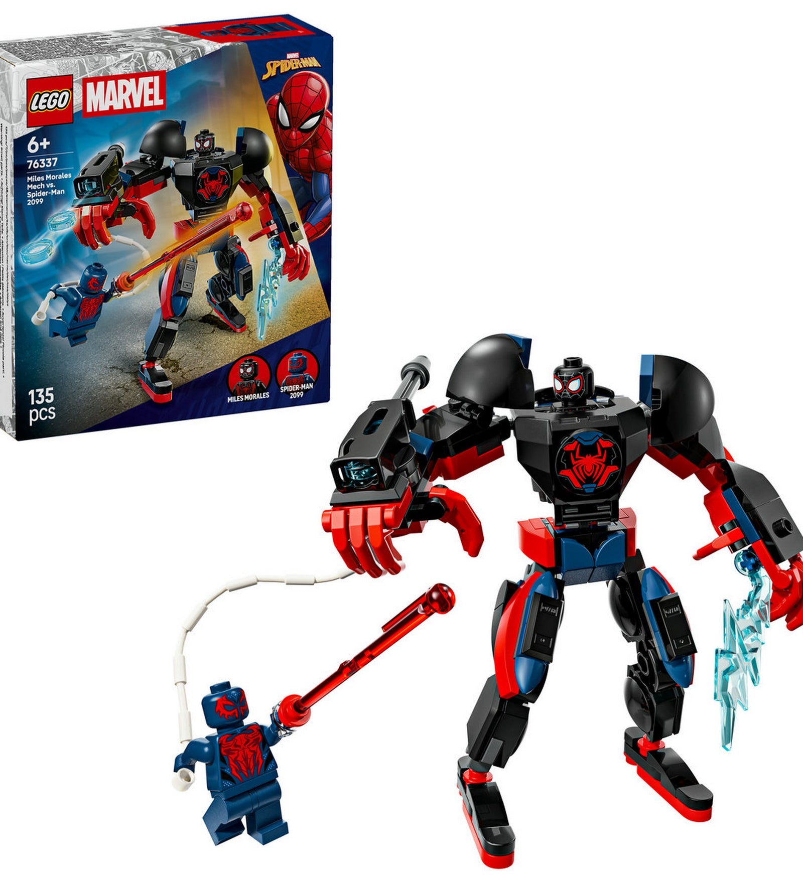 LEGO Marvel Miles Morales Mech vs. Spider-Man 2099 (76337) – A készlet doboza és a megépített Miles Morales robotfigura harci pózban.