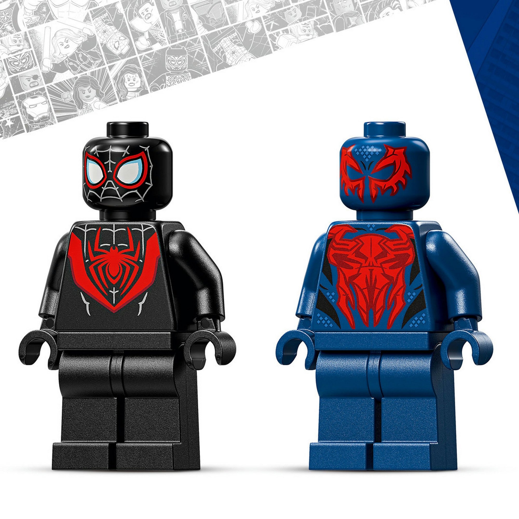 LEGO Marvel Miles Morales Mech vs. Spider-Man 2099 (76337) – Miles Morales és Spider-Man 2099 minifigurák közelről, részletes mintázattal.
