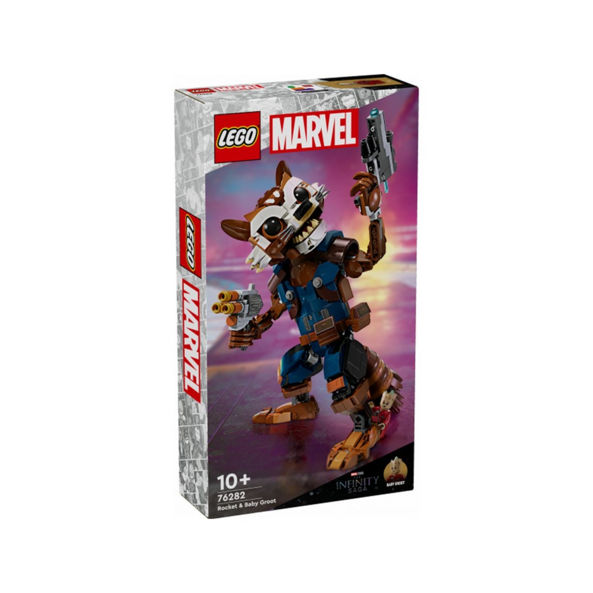 A LEGO Marvel Mordály és Baby Groot (76282) szett dobozának előlapja, amelyen a karakter dinamikus pózban szerepel lila-narancs színátmenetes háttér előtt, a LEGO és Marvel logóval.
