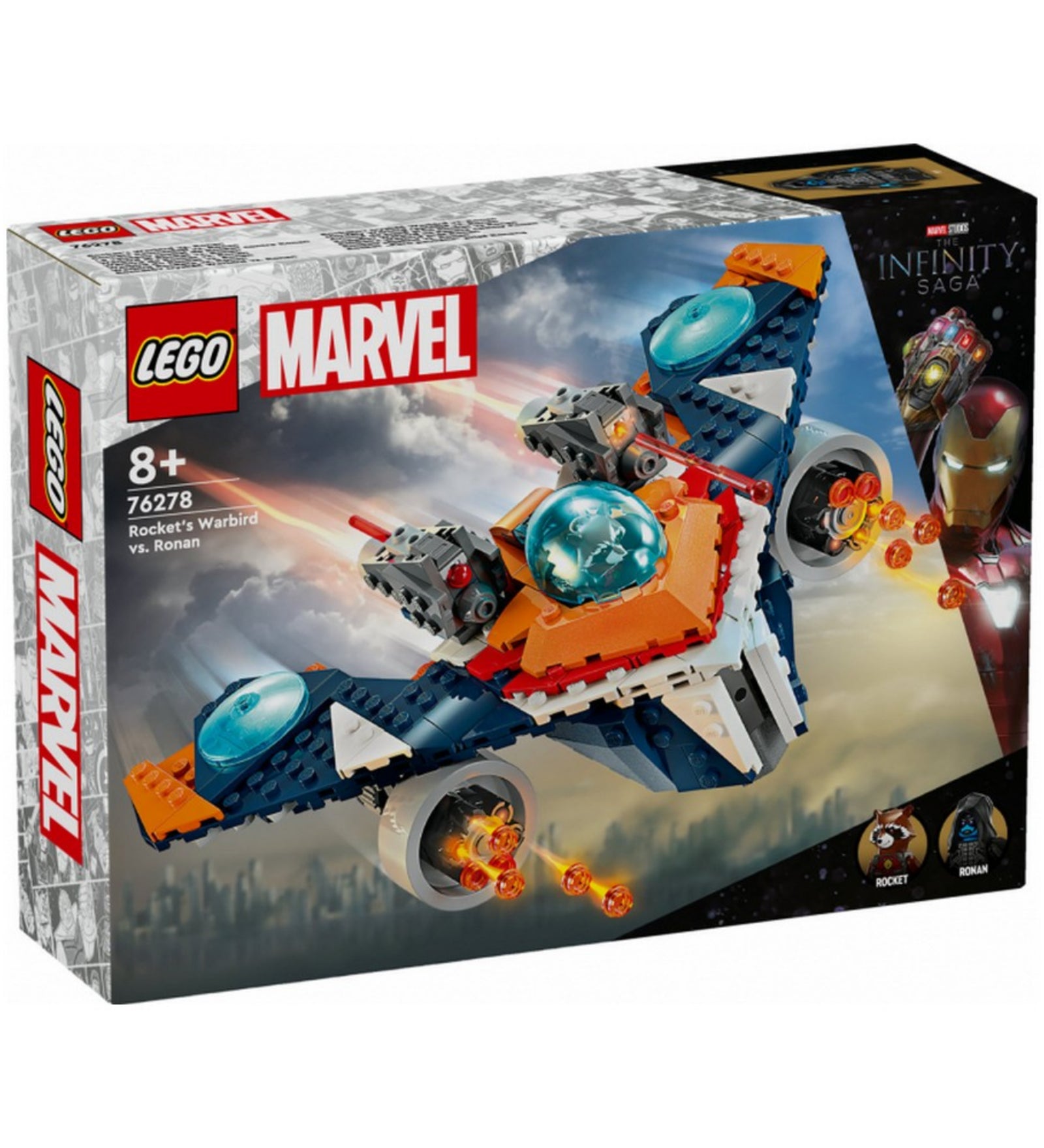 LEGO Marvel Mordály Warbird repülője vs. Ronan (76278) dobozkép, látványos űrcsata jelenettel, a háttérben felhőkkel és Iron Man portréjával, bal alsó sarokban a Rocket és Ronan minifigurák ikonjaival.
