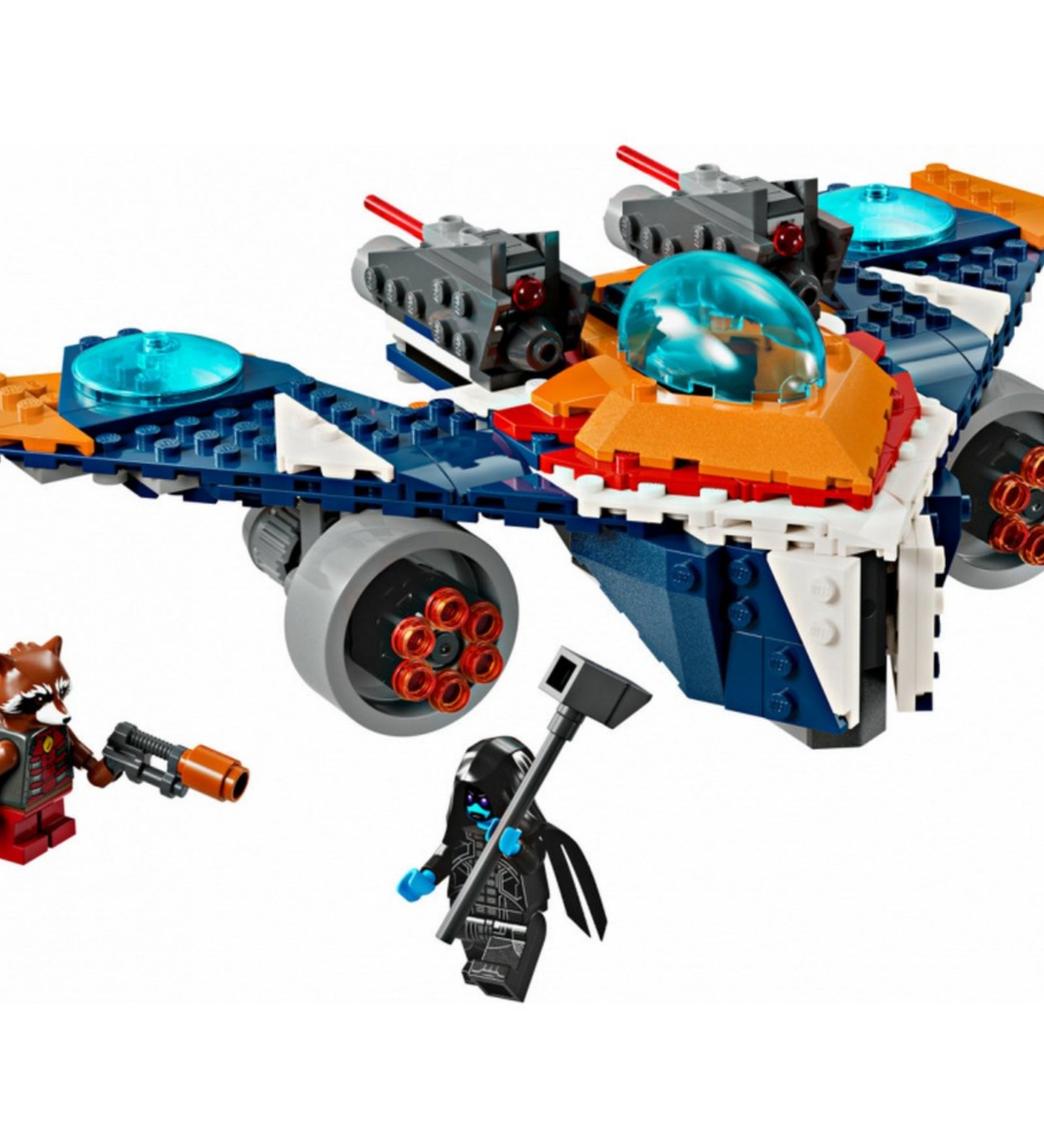 A LEGO Marvel Mordály Warbird repülője vs. Ronan (76278) teljes épített készlete, narancs-kék űrhajóval, két mozgatható ágyúval, valamint Mordály és Ronan minifigurákkal fegyverekkel.