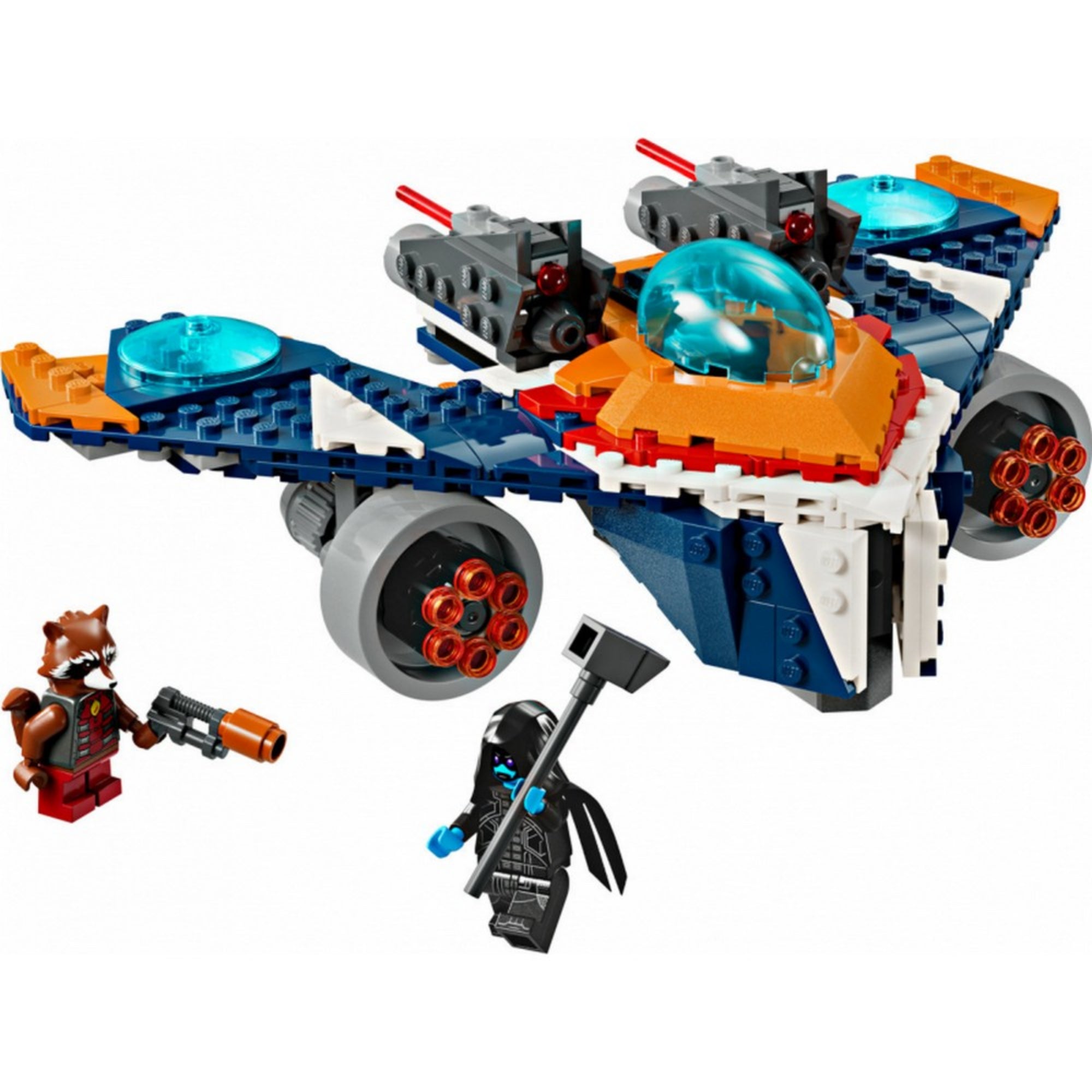 A LEGO Marvel Mordály Warbird repülője vs. Ronan (76278) teljes épített készlete, narancs-kék űrhajóval, két mozgatható ágyúval, valamint Mordály és Ronan minifigurákkal fegyverekkel.