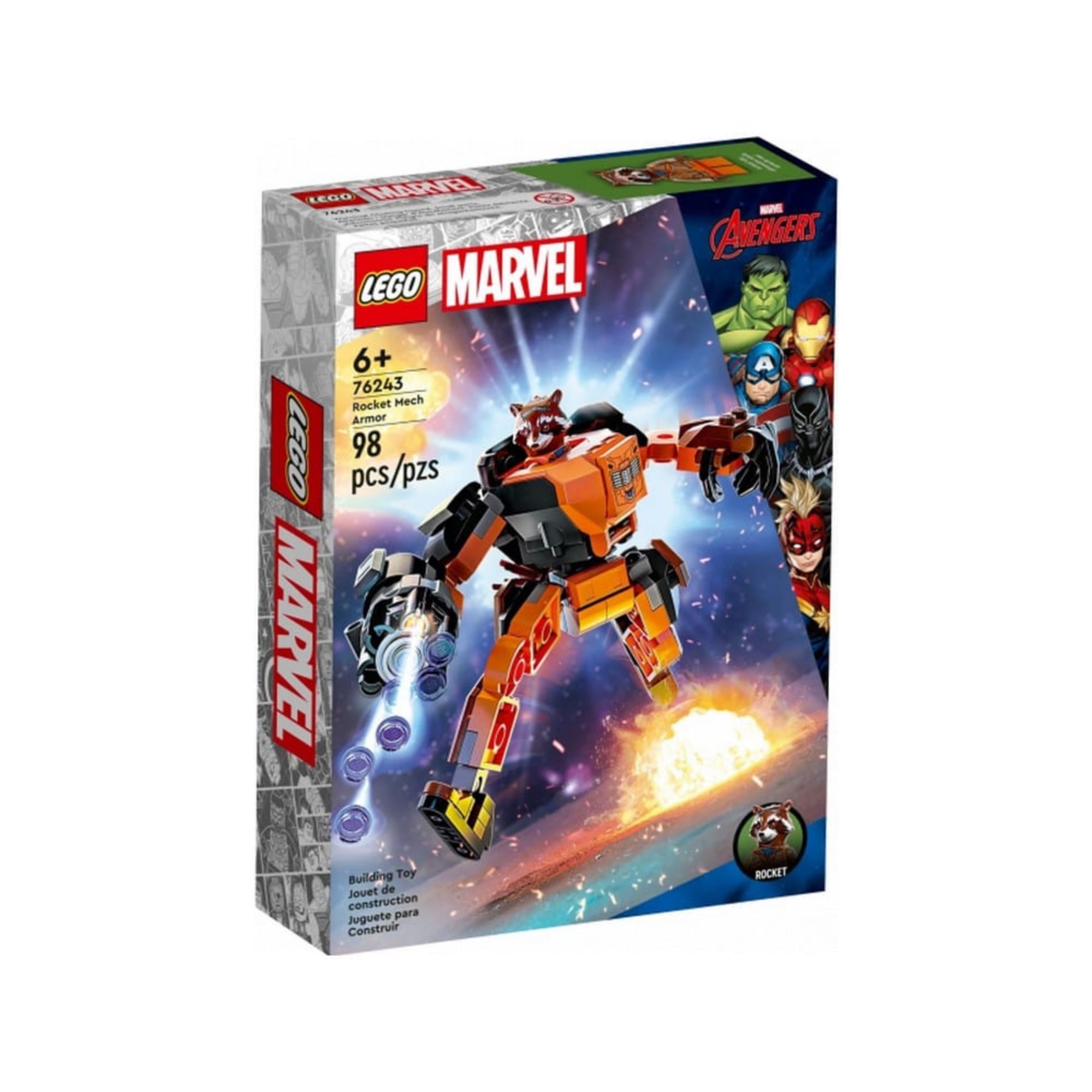 A LEGO Marvel Mordály páncélozott robotja (76243) hivatalos doboza elölnézetből. A dobozon jól látható Mordály minifigurája, a masszív robot és a Marvel logó, valamint a darabszám (98 db) és az ajánlott életkor (6+).