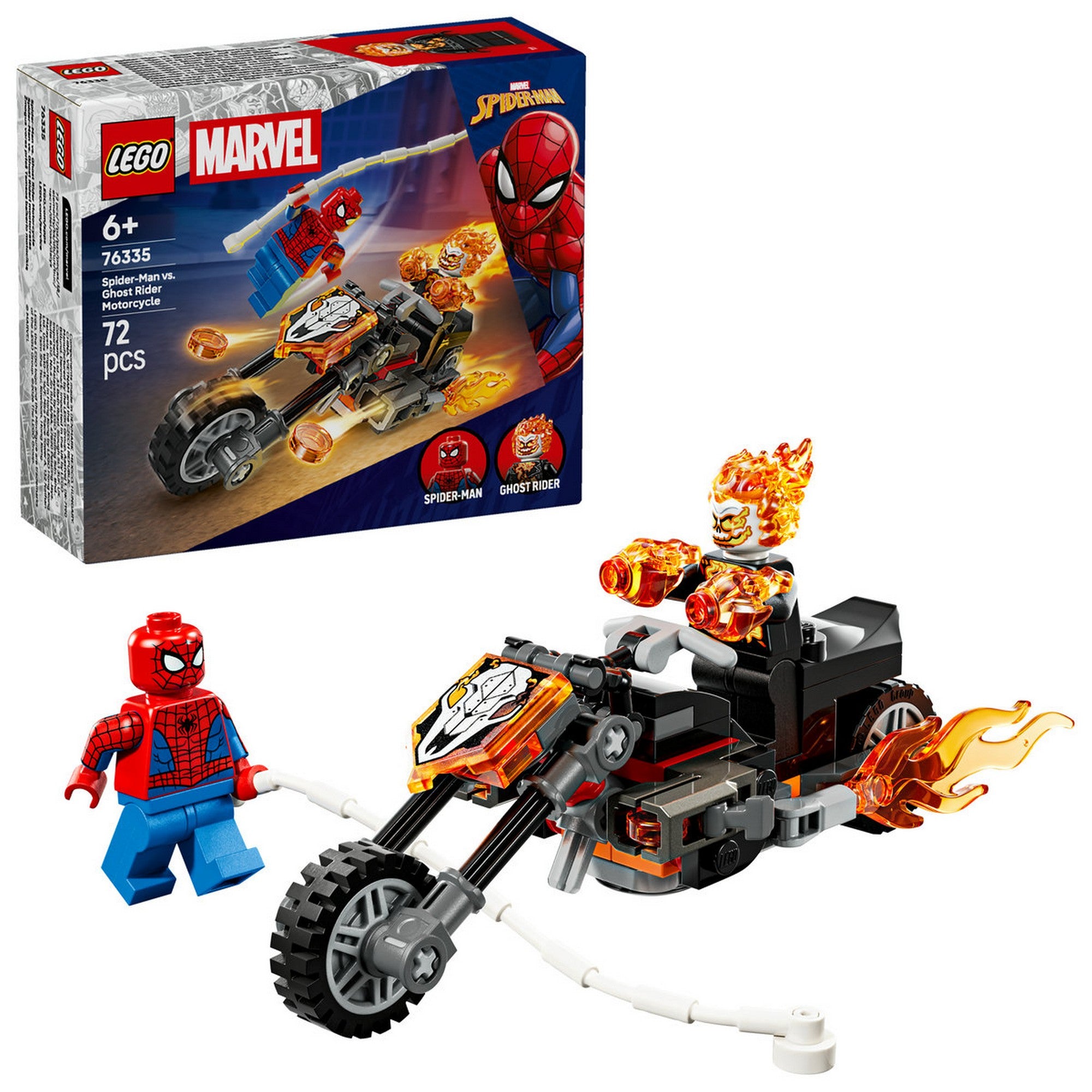 LEGO Marvel Spider-Man vs. Ghost Rider Motorcycle (76335) – A készlet kibontva, Ghost Rider lángoló motorkerékpárja és Spider-Man minifigura.