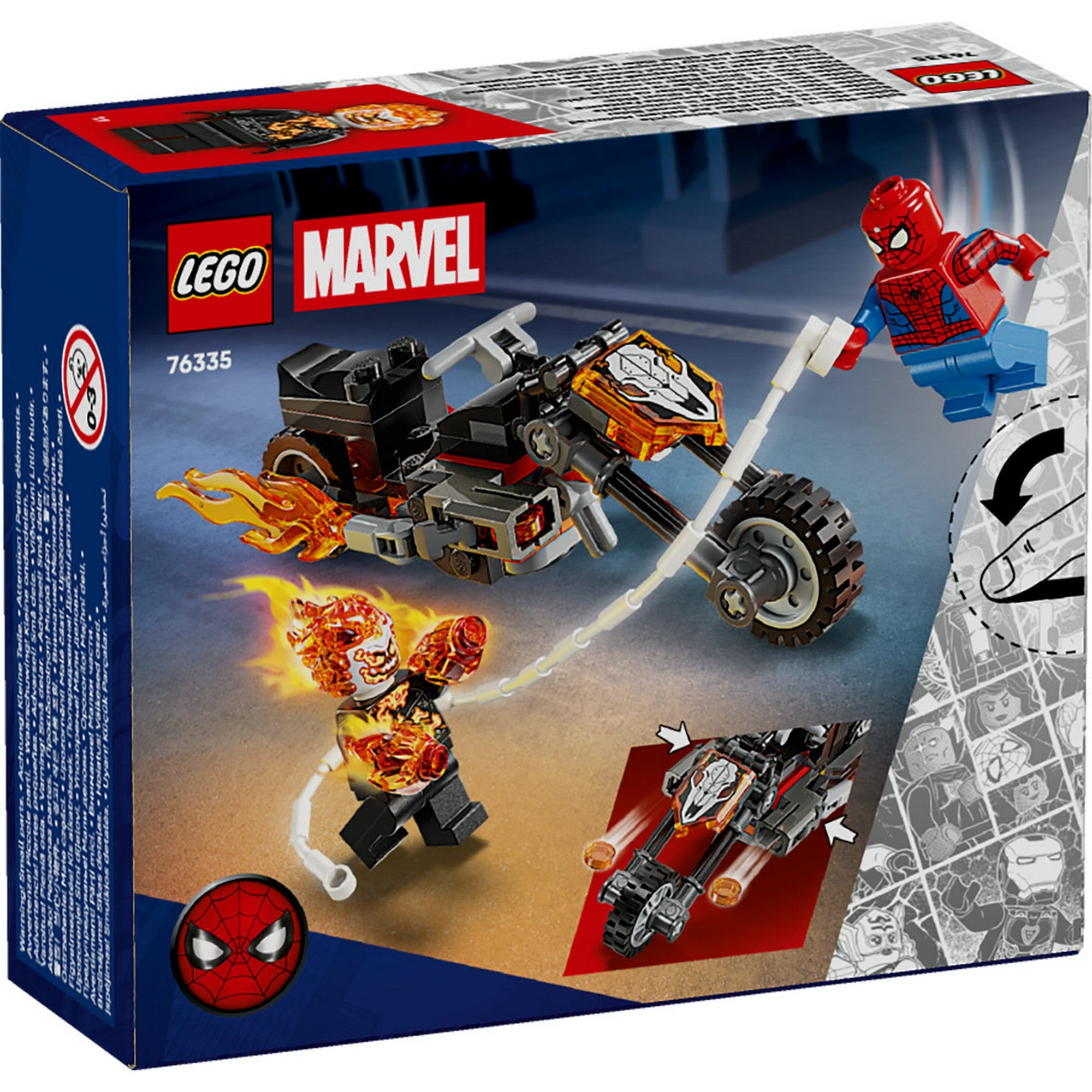 LEGO Marvel Spider-Man vs. Ghost Rider Motorcycle (76335) – A doboz hátoldala, a Ghost Rider motor játékfunkcióival és akciójelenettel.