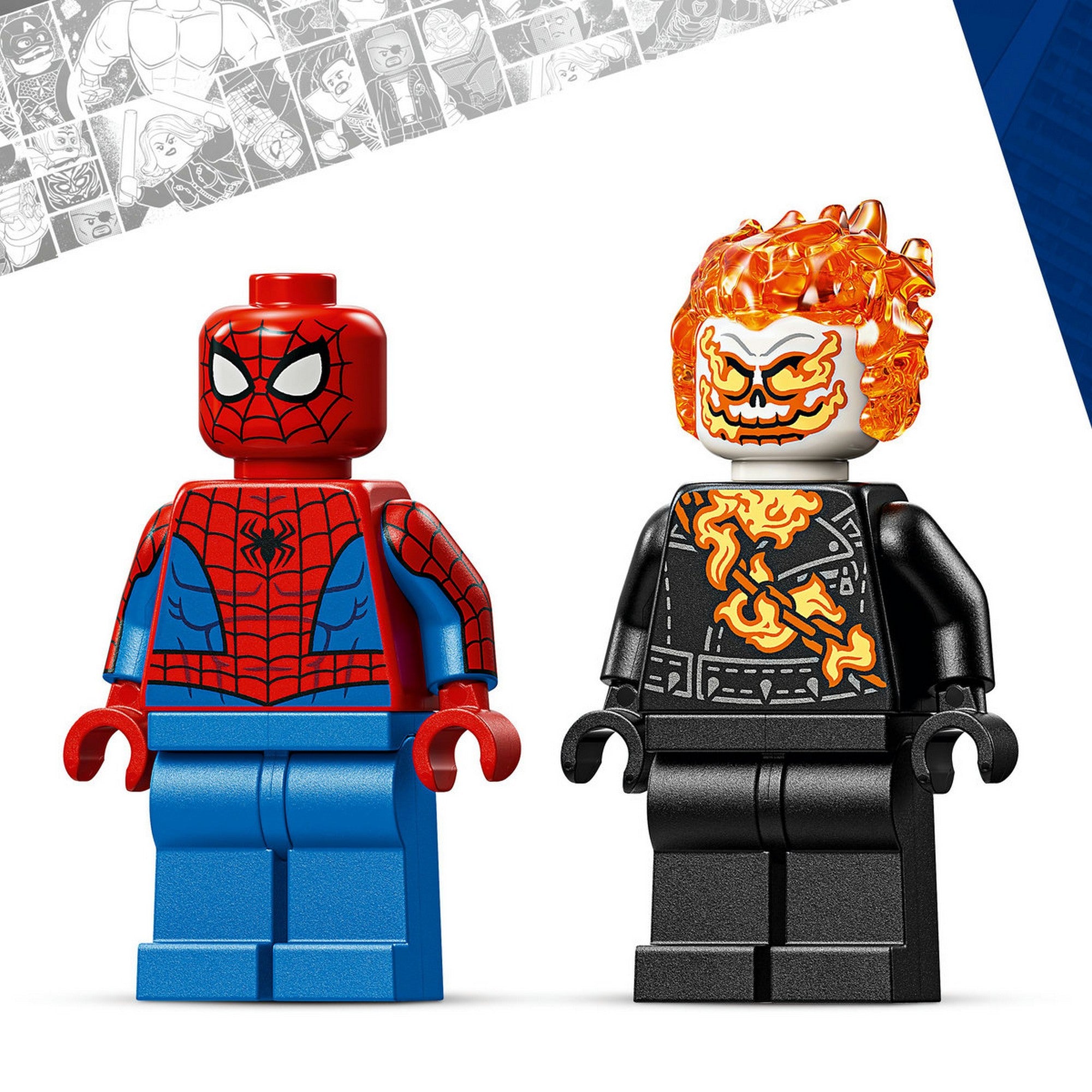 LEGO Marvel Spider-Man vs. Ghost Rider Motorcycle (76335) – Spider-Man és Ghost Rider minifigurák közelről, részletes arcfestéssel és lángoló fejjel.