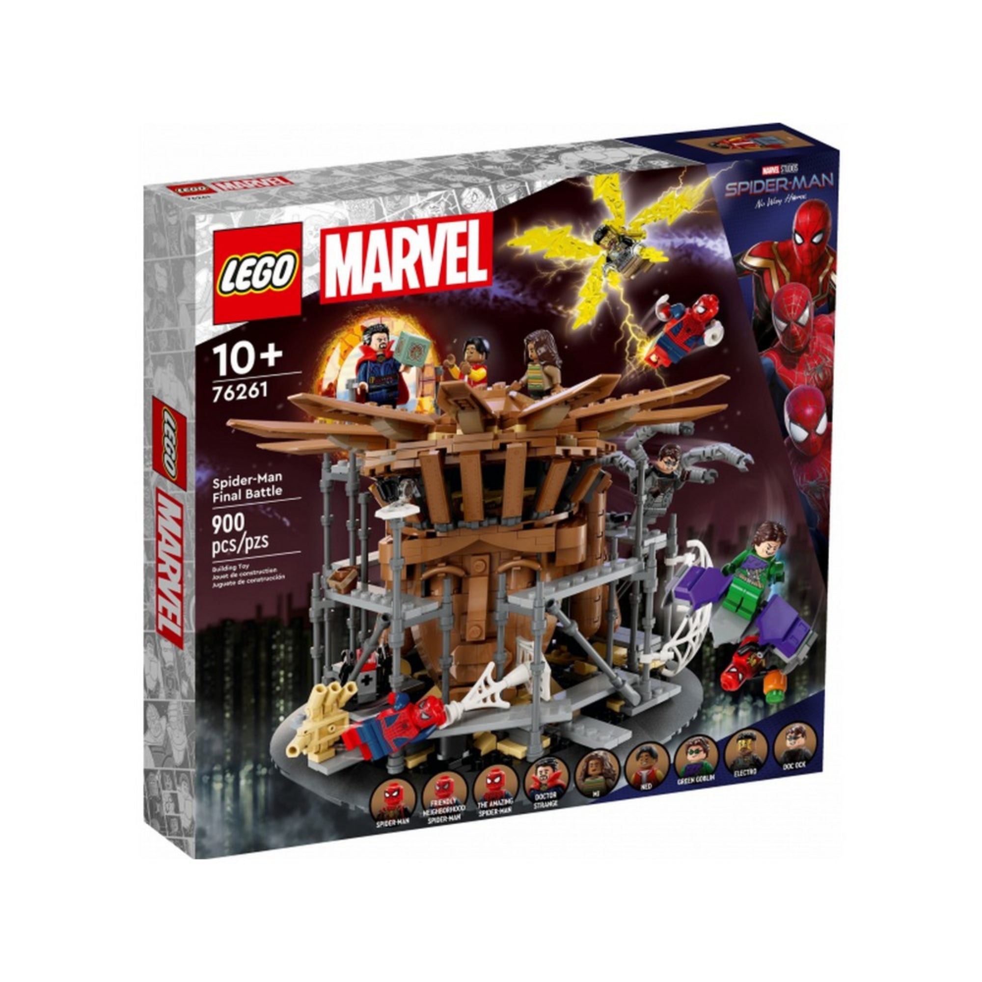 LEGO Marvel Pókember: A végső ütközet (76261) doboza, rajta dinamikus harci jelenet a három Pókemberrel és a film gonoszaival.