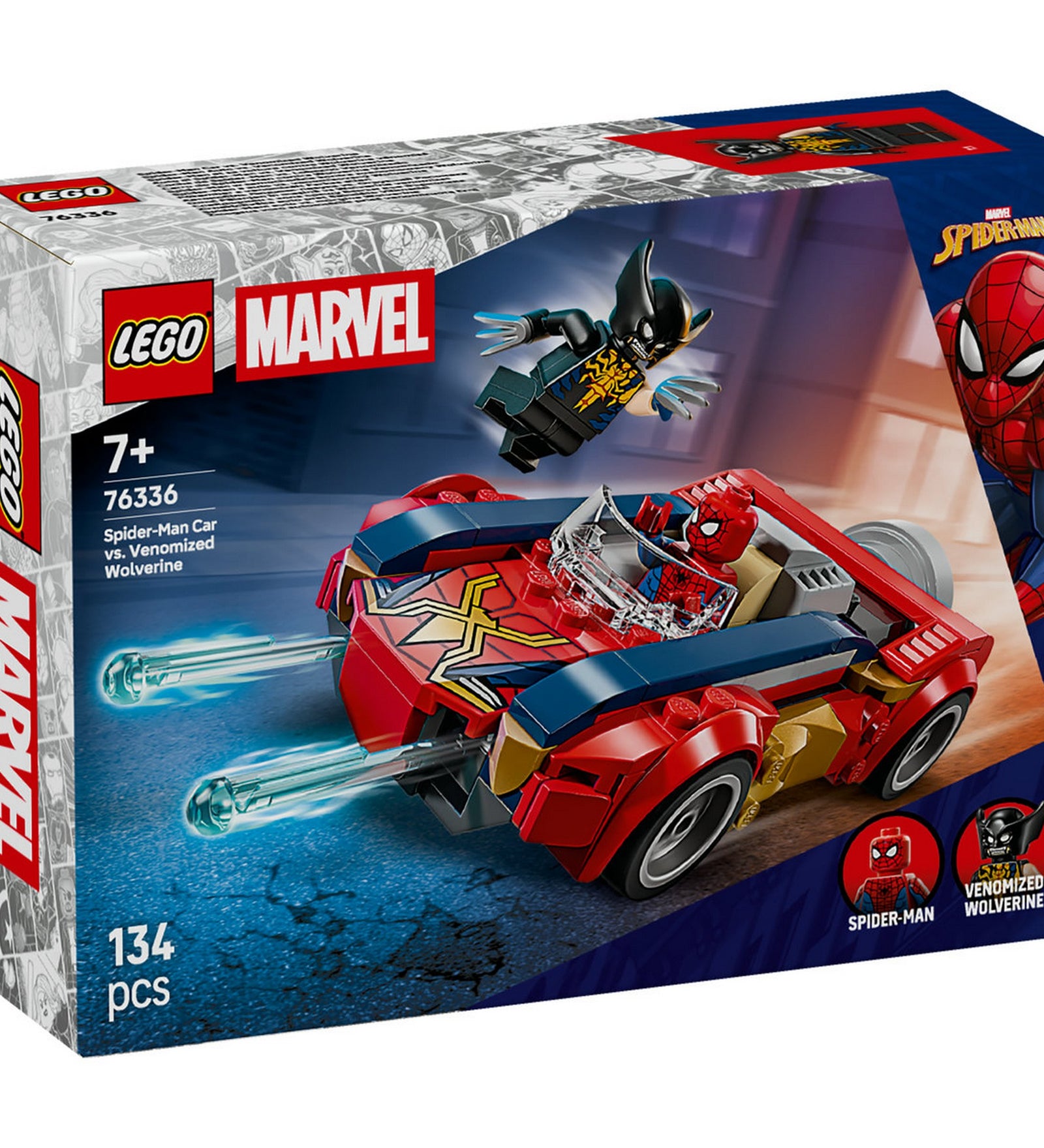 LEGO Marvel Spider-Man Car vs. Venomized Wolverine (76336) – Elölnézeti dobozkép, Spider-Man sportautóval és támadó Venomizált Wolverine figurával.