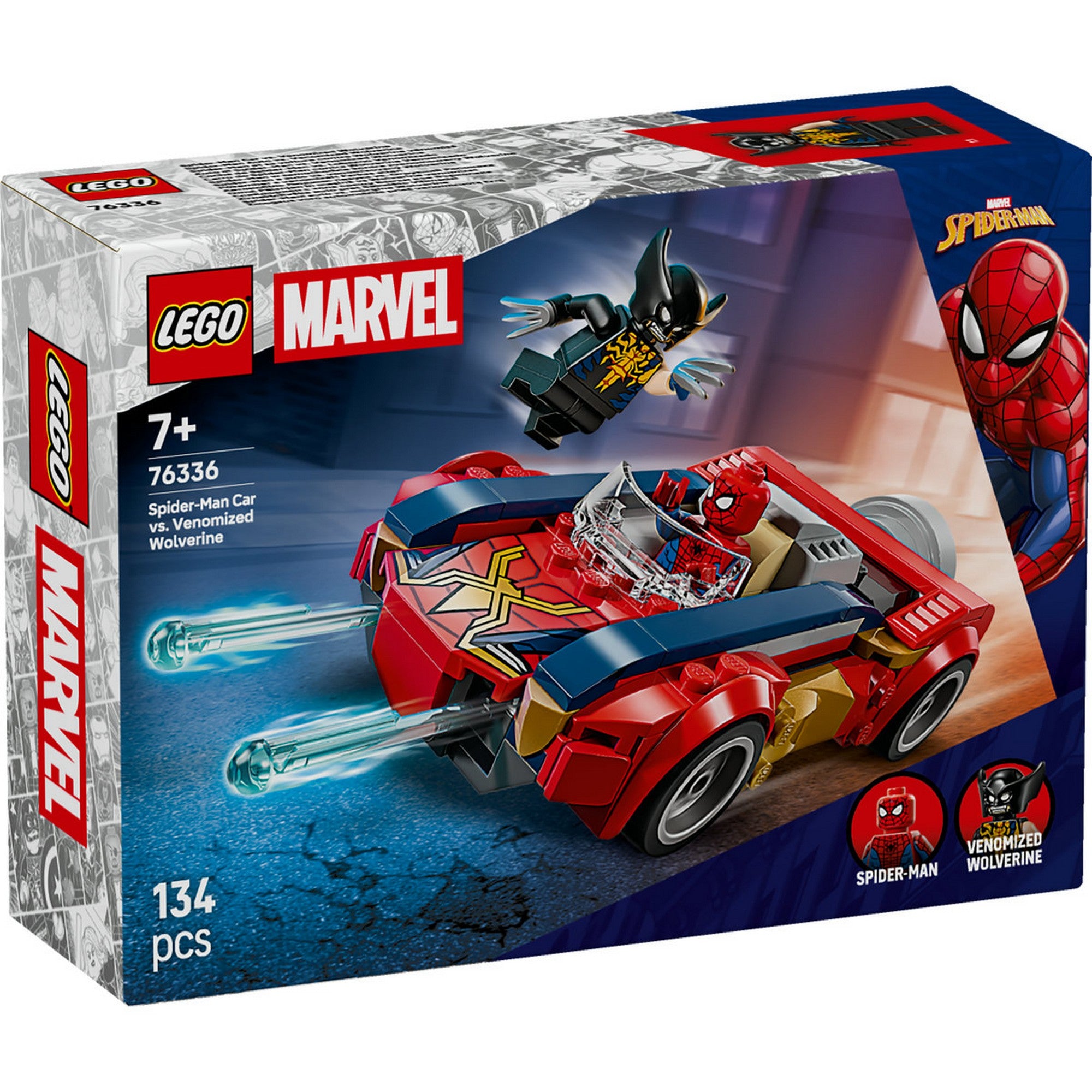 LEGO Marvel Spider-Man Car vs. Venomized Wolverine (76336) – Elölnézeti dobozkép, Spider-Man sportautóval és támadó Venomizált Wolverine figurával.