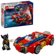 LEGO Marvel Spider-Man Car vs. Venomized Wolverine (76336) – A készlet kibontva, Spider-Man piros sportautója és a Venomizált Wolverine minifigura.