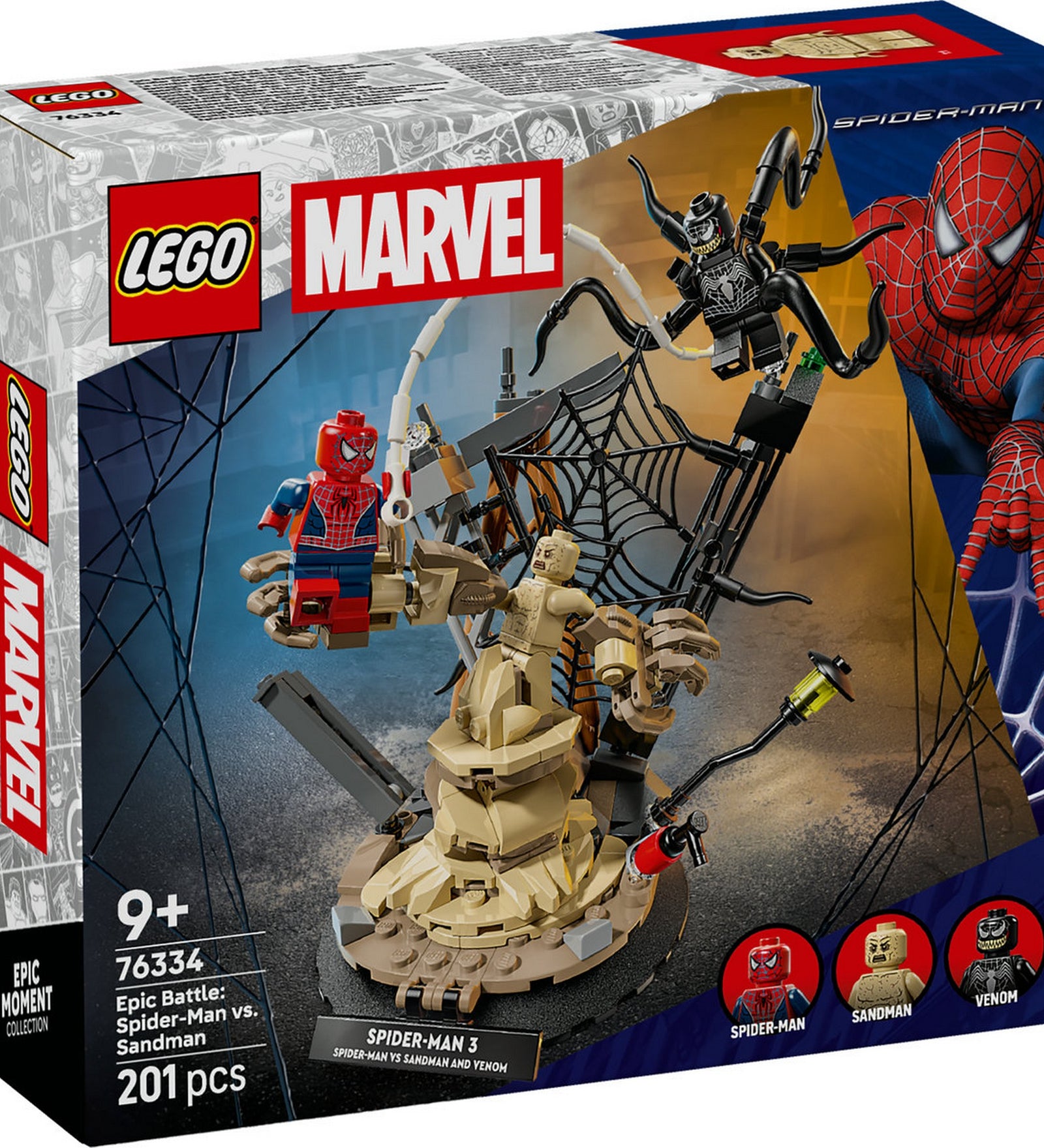 LEGO Marvel Epic Battle: Spider-Man vs. Sandman (76334) készlet dobozának eleje, Spider-Man, Sandman és Venom látványos harci jelenetével, 201 darabos szett.