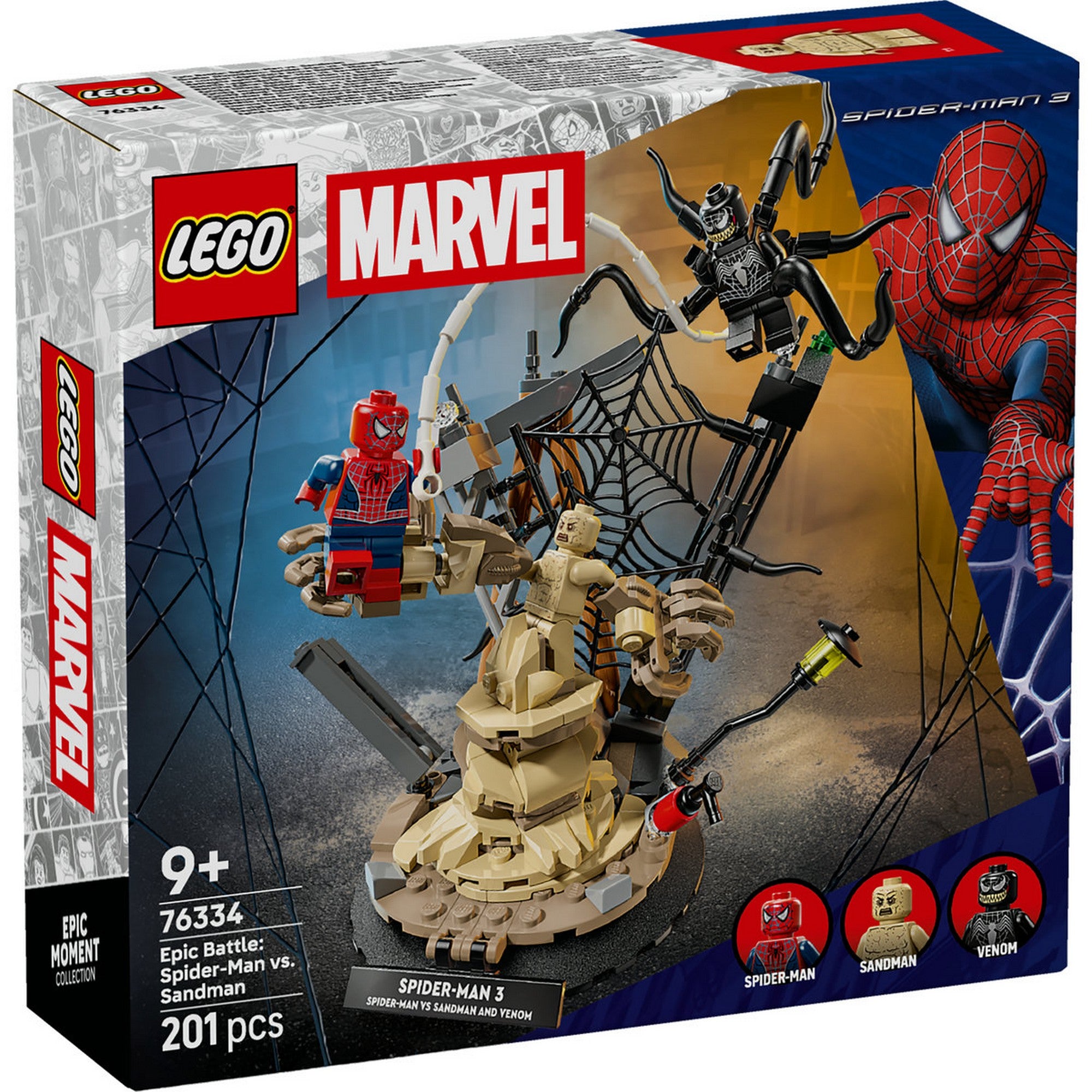 LEGO Marvel Epic Battle: Spider-Man vs. Sandman (76334) készlet dobozának eleje, Spider-Man, Sandman és Venom látványos harci jelenetével, 201 darabos szett.