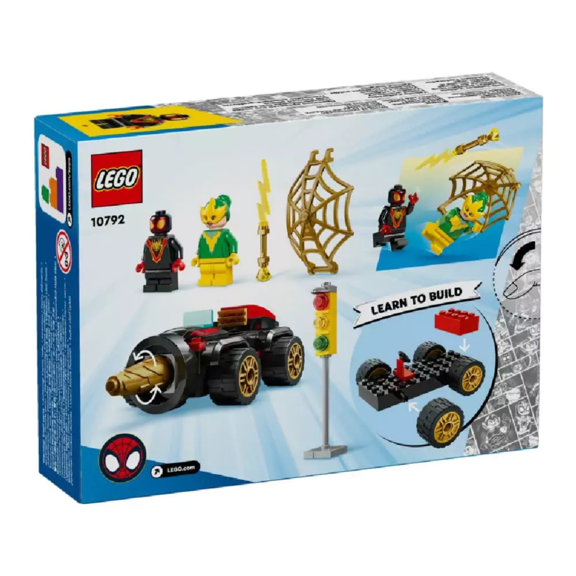 LEGO Marvel 10792 doboz hátoldala: Miles Morales és Electro minifigurák, jármű forgó fúrófejjel, pókháló, villám és közlekedési lámpa, „Learn to Build” útmutató részlet.