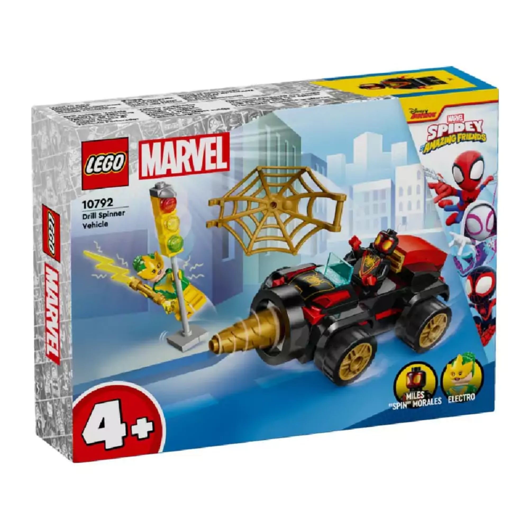 LEGO Marvel 10792 doboz elölnézete: Pókember fúrófejes autója, arany pókháló kiegészítő, Electro figura villámmal, 4+ korosztályjelölés és Spidey és csodálatos barátai dizájn.