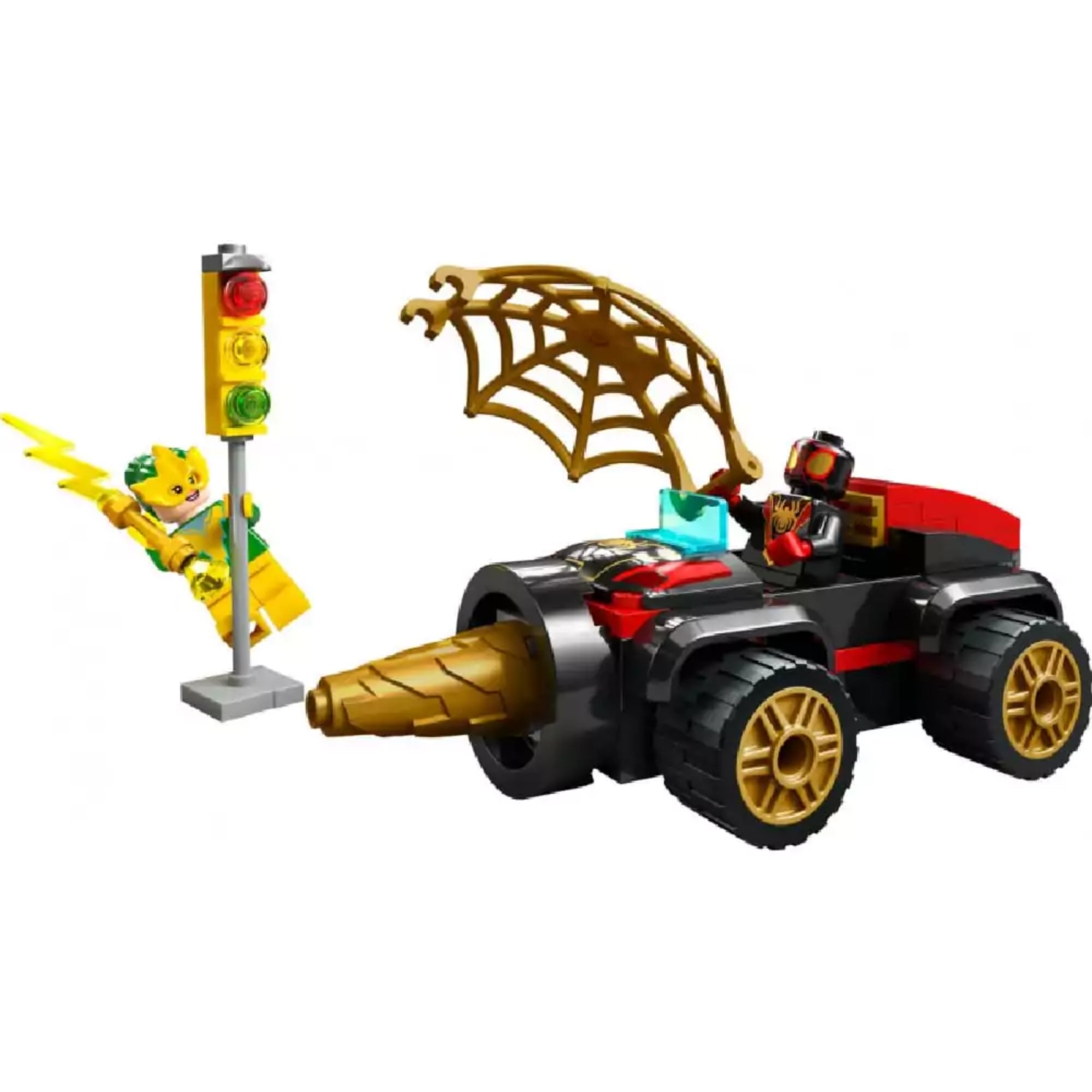 LEGO Marvel 10792 készlet: Pókember fúrófejes autója arany fúróval és pókhálós szárnnyal, Miles Morales figura a járműben, Electro figura villámmal, közlekedési lámpával.