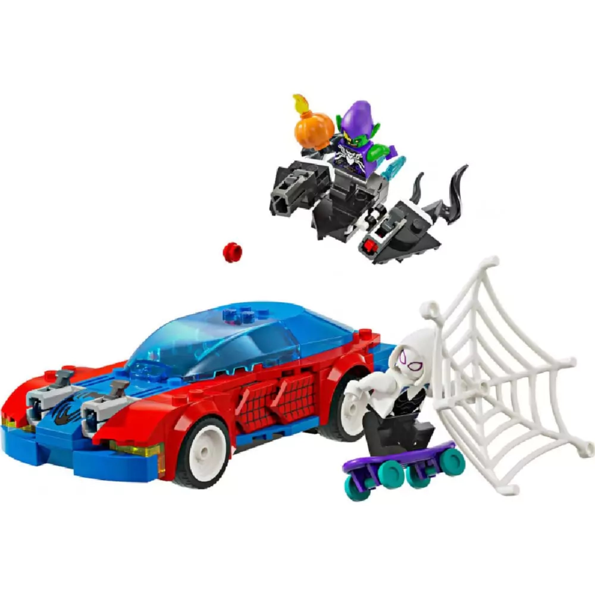 LEGO Marvel Pókember versenyautó – Venomizált Zöld Manó (76279) készlet: Pókember piros-kék versenyautója kinyitható motorháztetővel, Venomizált Zöld Manó lebegő siklóval és tök alakú bombával, Ghost-Spider gördeszkán, hálóvetővel támadva