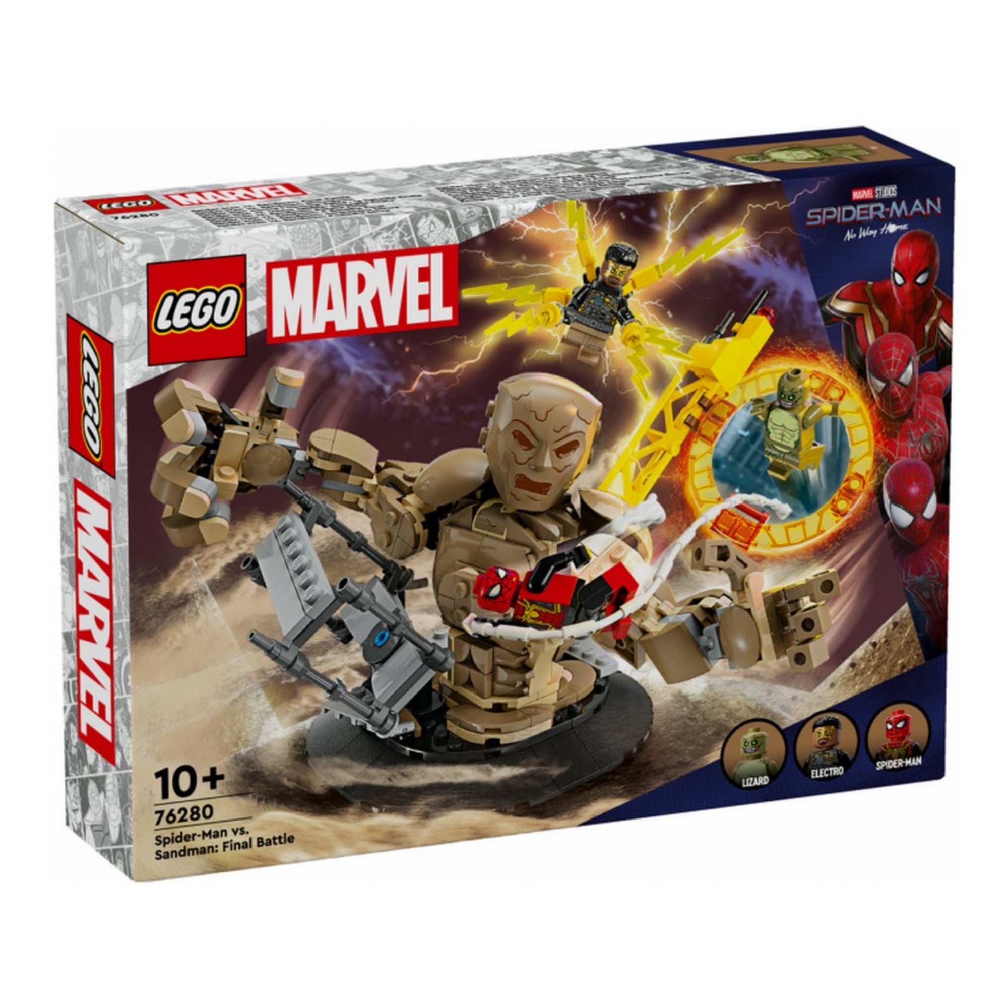 A LEGO Marvel 76280 készlet dobozának elölnézete, rajta a látványos jelenet Homokemberrel, aki Pókembert tartja, valamint Electro és Lizard is szerepelnek. A doboz jobb oldalán három Pókember változat látható illusztrációként, Marvel Studios: No Way Home dizájnnal.