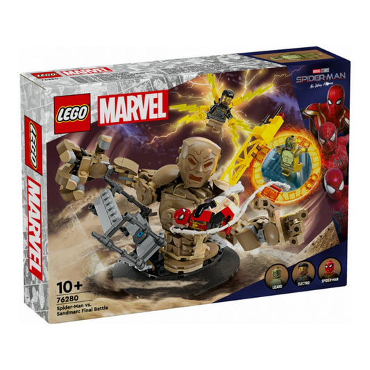 A LEGO Marvel 76280 készlet dobozának elölnézete, rajta a látványos jelenet Homokemberrel, aki Pókembert tartja, valamint Electro és Lizard is szerepelnek. A doboz jobb oldalán három Pókember változat látható illusztrációként, Marvel Studios: No Way Home dizájnnal.