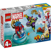 LEGO Marvel 10793 doboz előlapja, Spidey és Zöld Manó összecsapása animált háttérrel, látható a Trace-E jármű, Zöld Manó siklója, valamint Ghost-Spider, 4+ korosztálynak ajánlott.
