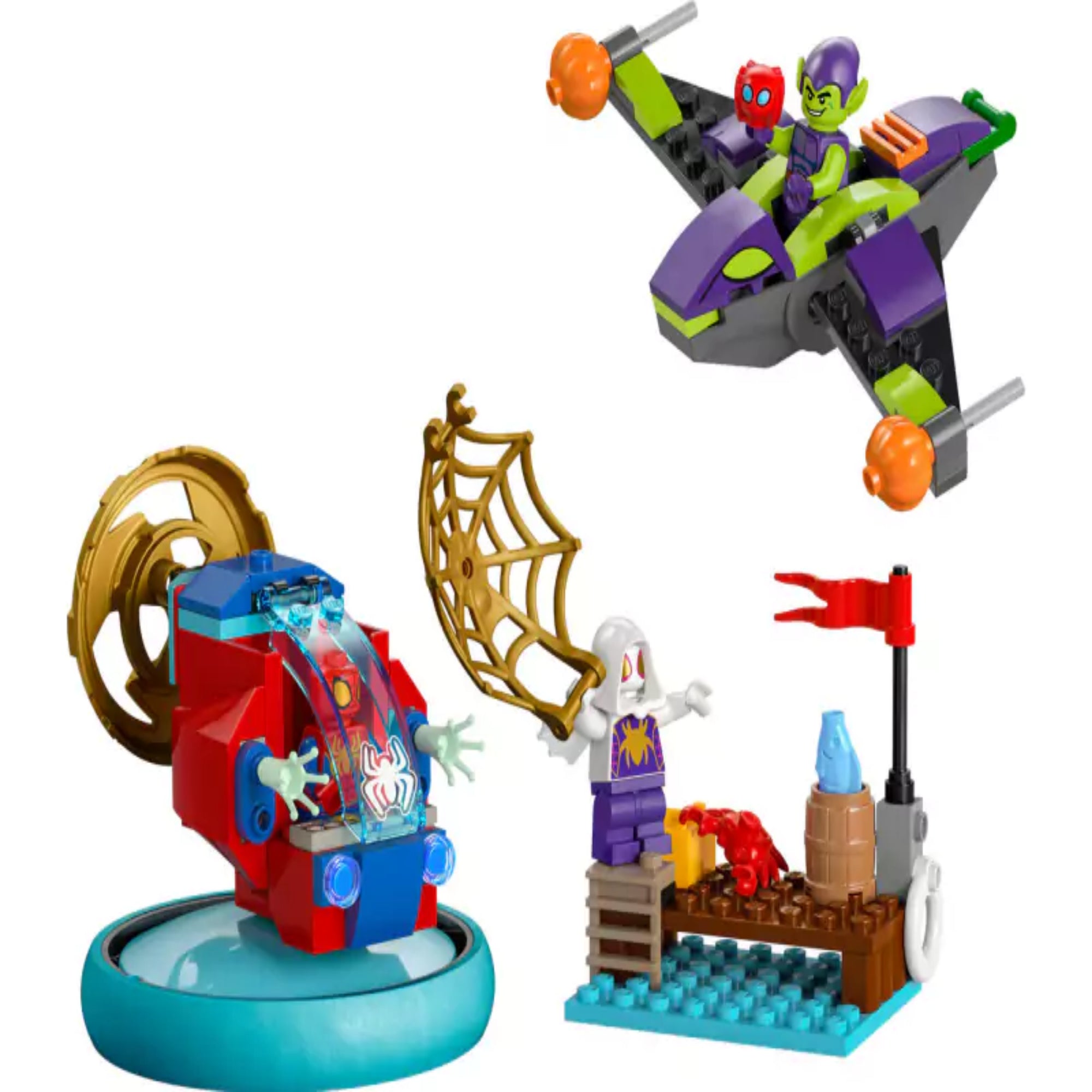 LEGO Marvel Pókember vs. Zöld Manó (10793) teljes játékkészlet: Spidey vízi járműve, Zöld Manó lebegő csúszkálója, kis móló rákfigurával, arany hálóelem, három minifigura – Spidey, Ghost-Spider és Zöld Manó – élénk színekben.