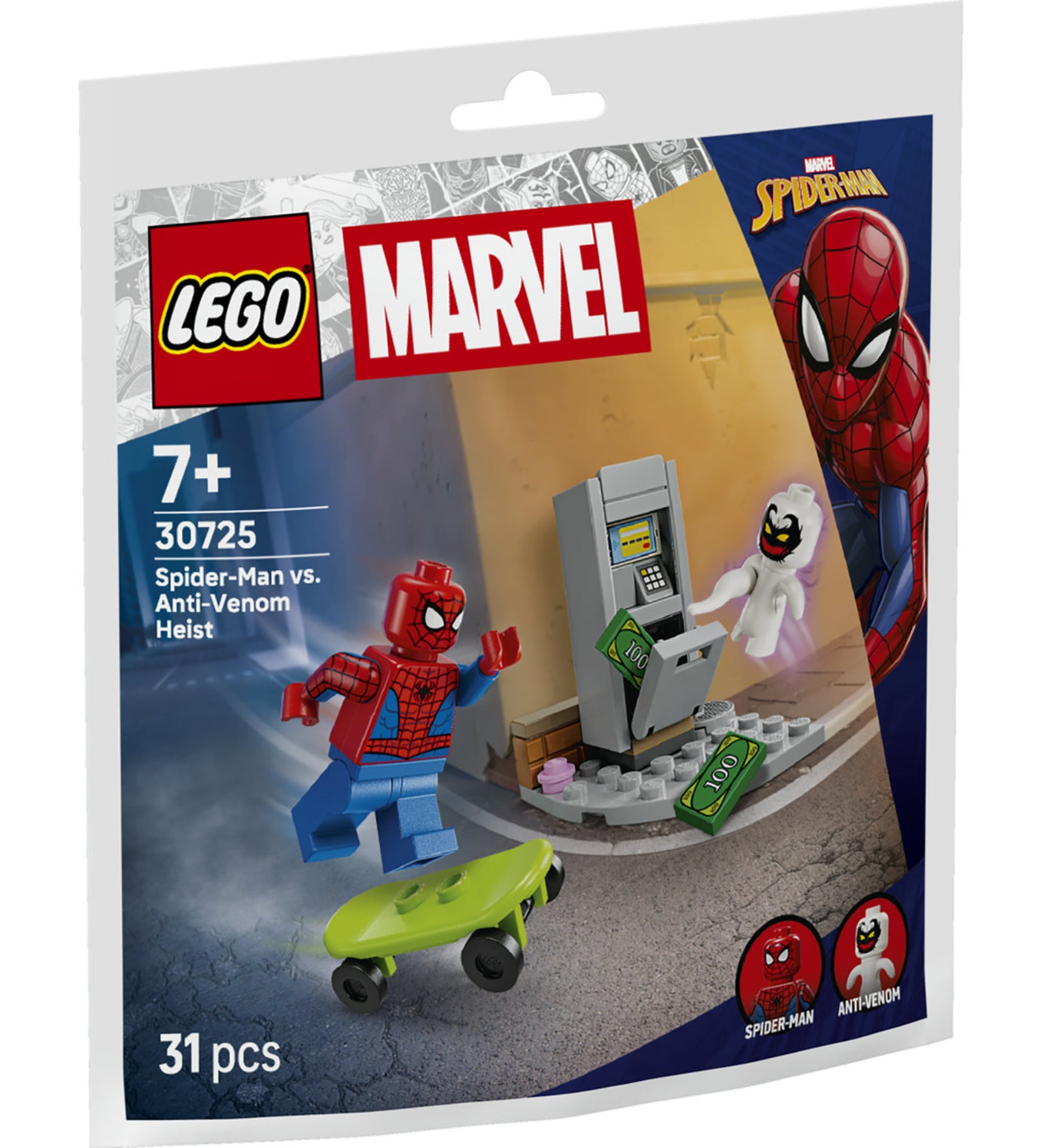 LEGO Marvel Spider-Man vs. Anti-Venom Heist 30725 polybag csomagolás, amely Spider-Man és Anti-Venom bankrablás jelenetét mutatja.