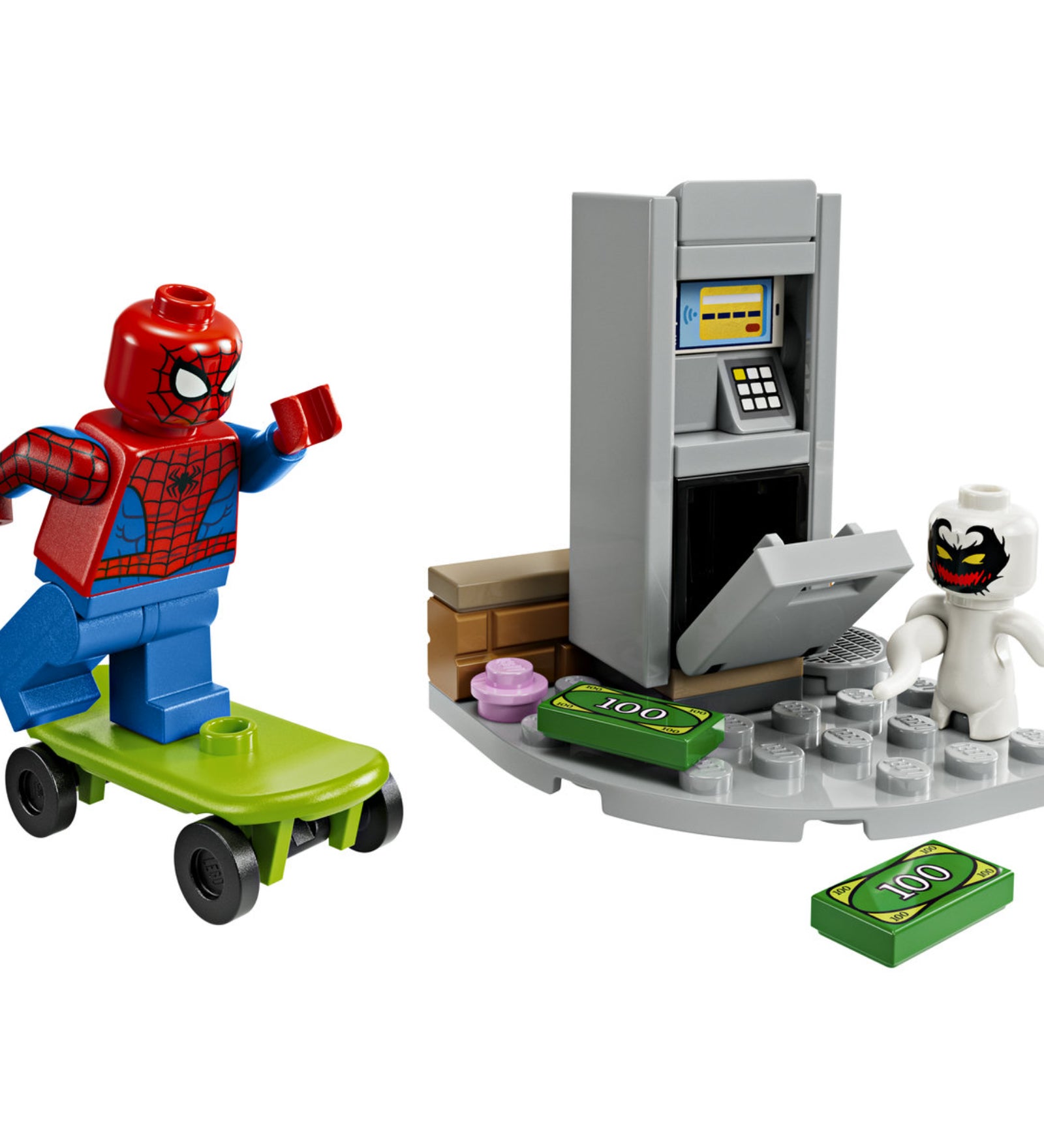 LEGO Marvel Spider-Man vs. Anti-Venom Heist 30725 megépített jelenet Spider-Man minifigurával gördeszkán, bankautomatával és Anti-Venom figurával.