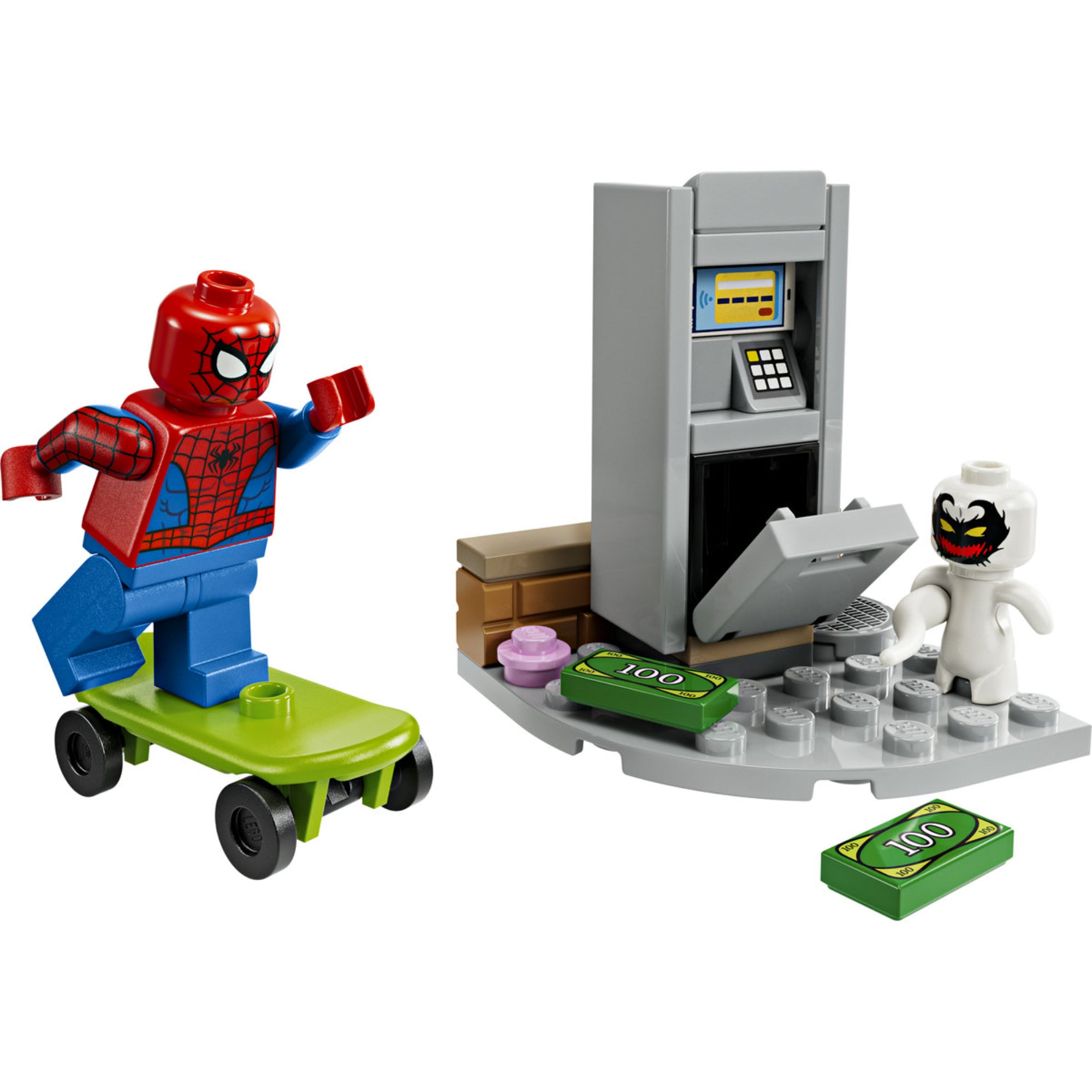 LEGO Marvel Spider-Man vs. Anti-Venom Heist 30725 megépített jelenet Spider-Man minifigurával gördeszkán, bankautomatával és Anti-Venom figurával.