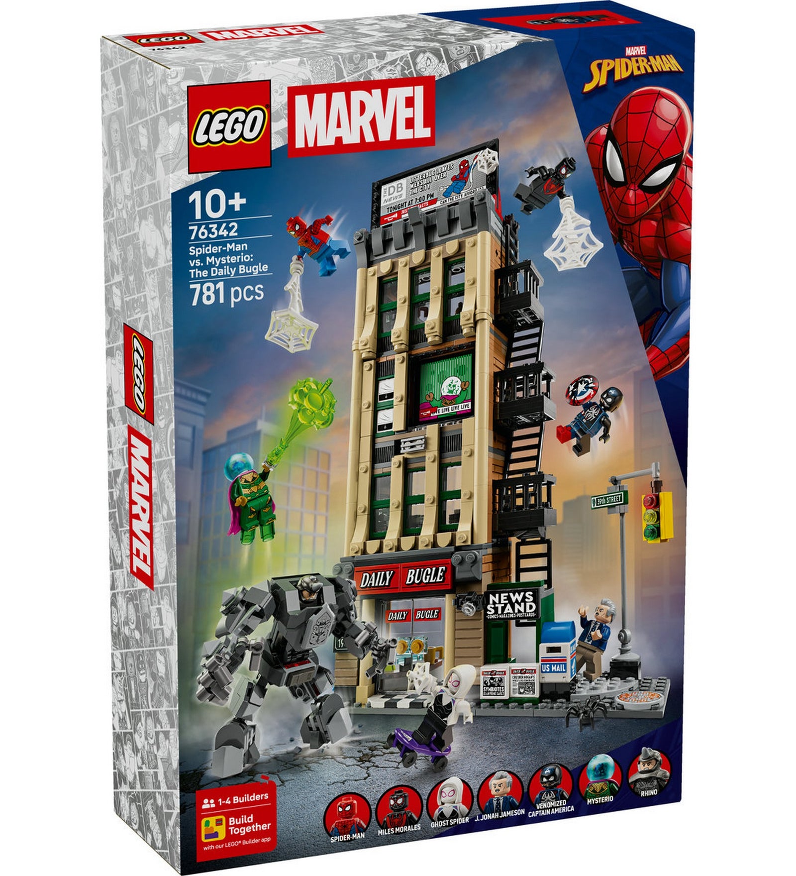 LEGO Marvel Spider-Man vs. Mysterio: The Daily Bugle 76342 – elölnézeti dobozkép, Spider-Man, Mysterio és a Daily Bugle torony.