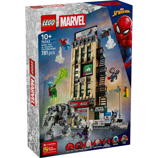 LEGO Marvel Spider-Man vs. Mysterio: The Daily Bugle 76342 – elölnézeti dobozkép, Spider-Man, Mysterio és a Daily Bugle torony.