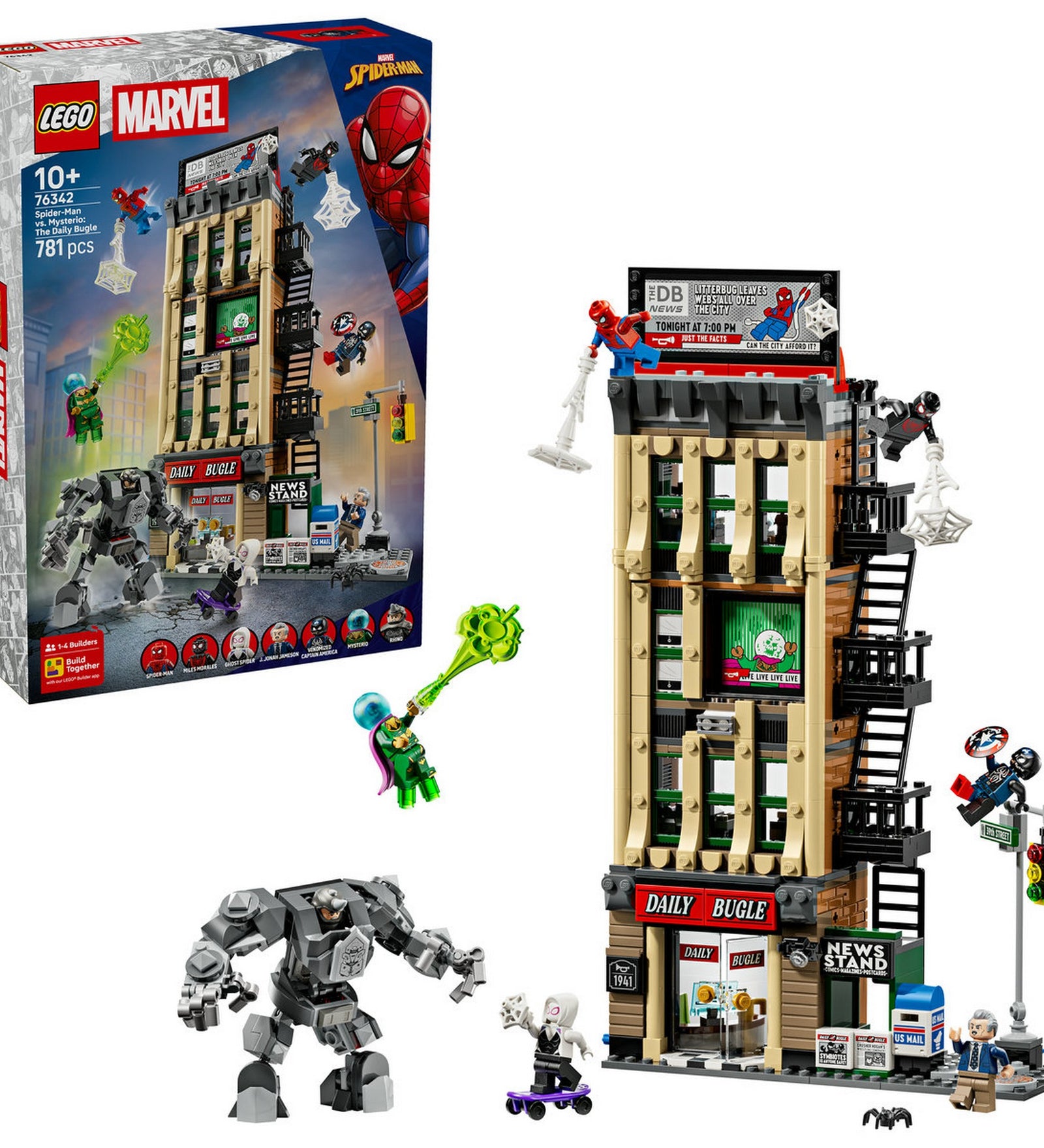 LEGO Marvel Spider-Man vs. Mysterio: The Daily Bugle 76342 – a megépített Daily Bugle épület minifigurákkal és akciójelenettel.