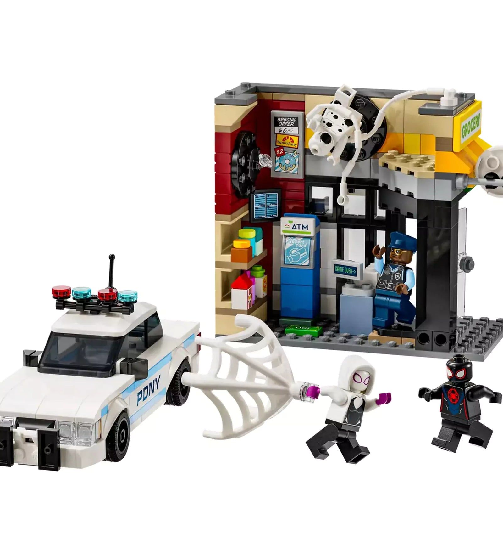 A ,,LEGO Pókverzum: Miles Morales vs. Spot 76311" szett építőelemei, köztük a bolt és rendőrautó, valamint a karakterek: Miles Morales, Gwen Stacy, The Spot és Jefferson rendőr.