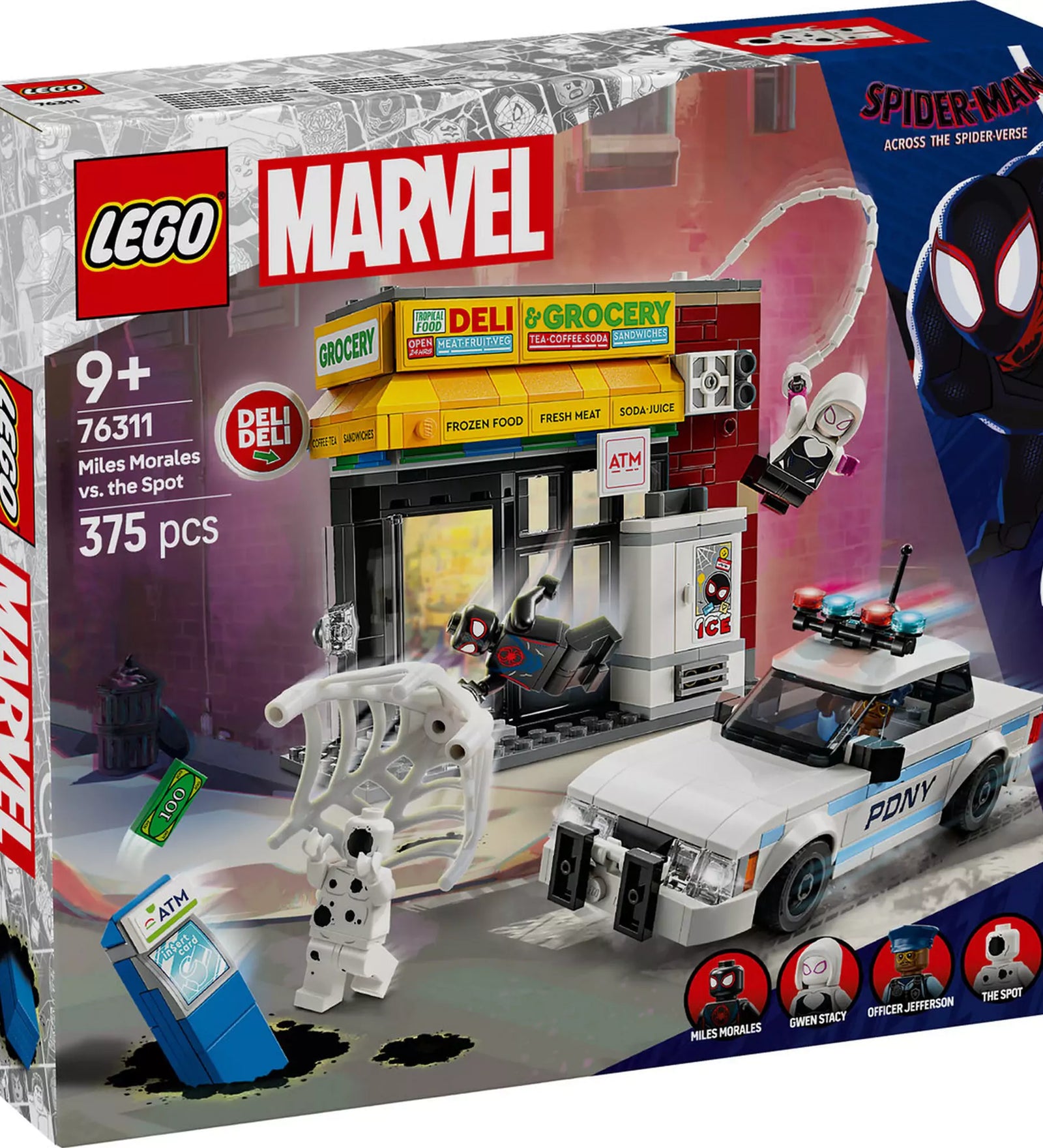  A ,,LEGO Pókverzum: Miles Morales vs. Spot 76311" szett dobozának előlapja, amely kiemeli a főbb karaktereket és az ikonikus jeleneteket.