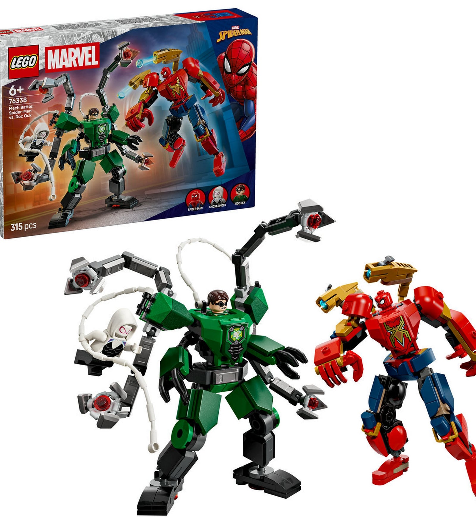 LEGO Marvel Mech Battle: Spider-Man vs. Doc Ock (76338) – A készlet teljes tartalma, Spider-Man és Doc Ock robotfigurákkal akció közben.