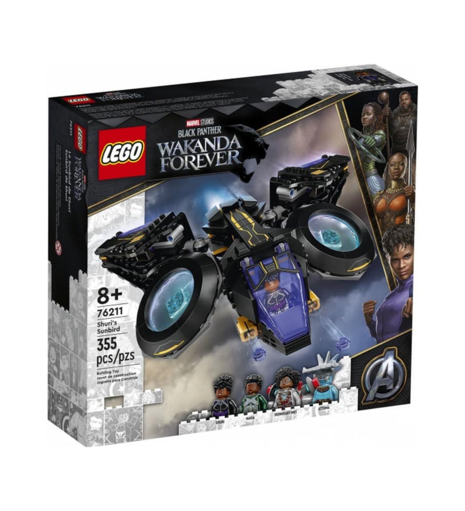 A LEGO Marvel Shuri madara (76211) készlet doboza, rajta a 355 darabos építőjáték képe, a repülő jármű, Shuri, Ironheart és Attuma minifigurák, valamint a Black Panther: Wakanda Forever logó és a korosztályjelzés (8+).