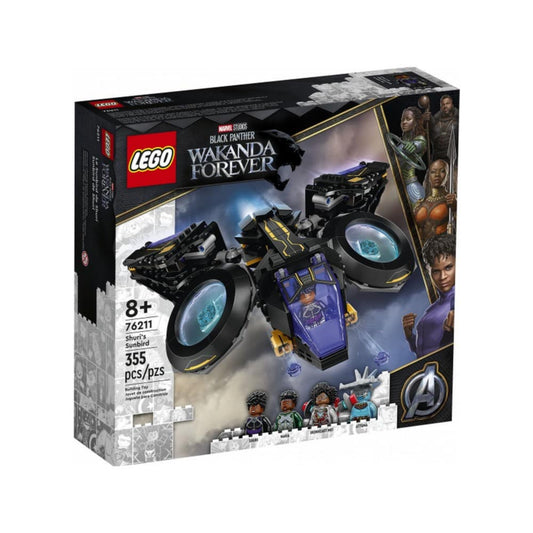 A LEGO Marvel Shuri madara (76211) készlet doboza, rajta a 355 darabos építőjáték képe, a repülő jármű, Shuri, Ironheart és Attuma minifigurák, valamint a Black Panther: Wakanda Forever logó és a korosztályjelzés (8+).