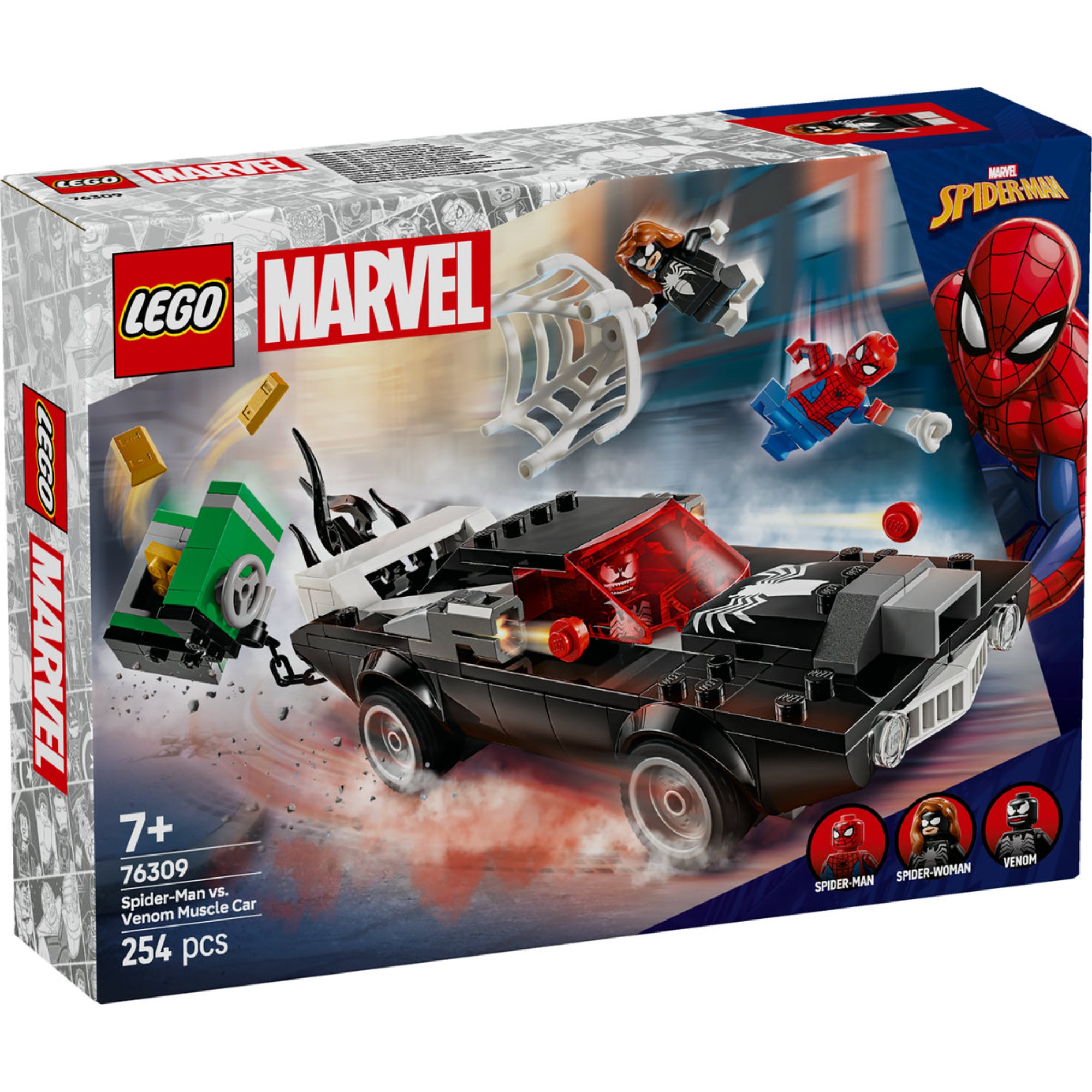 LEGO Marvel doboz, amely Pókembert és Venomet ábrázolja, ahogy harcolnak a Venom izomautó mellett, három minifigurával.