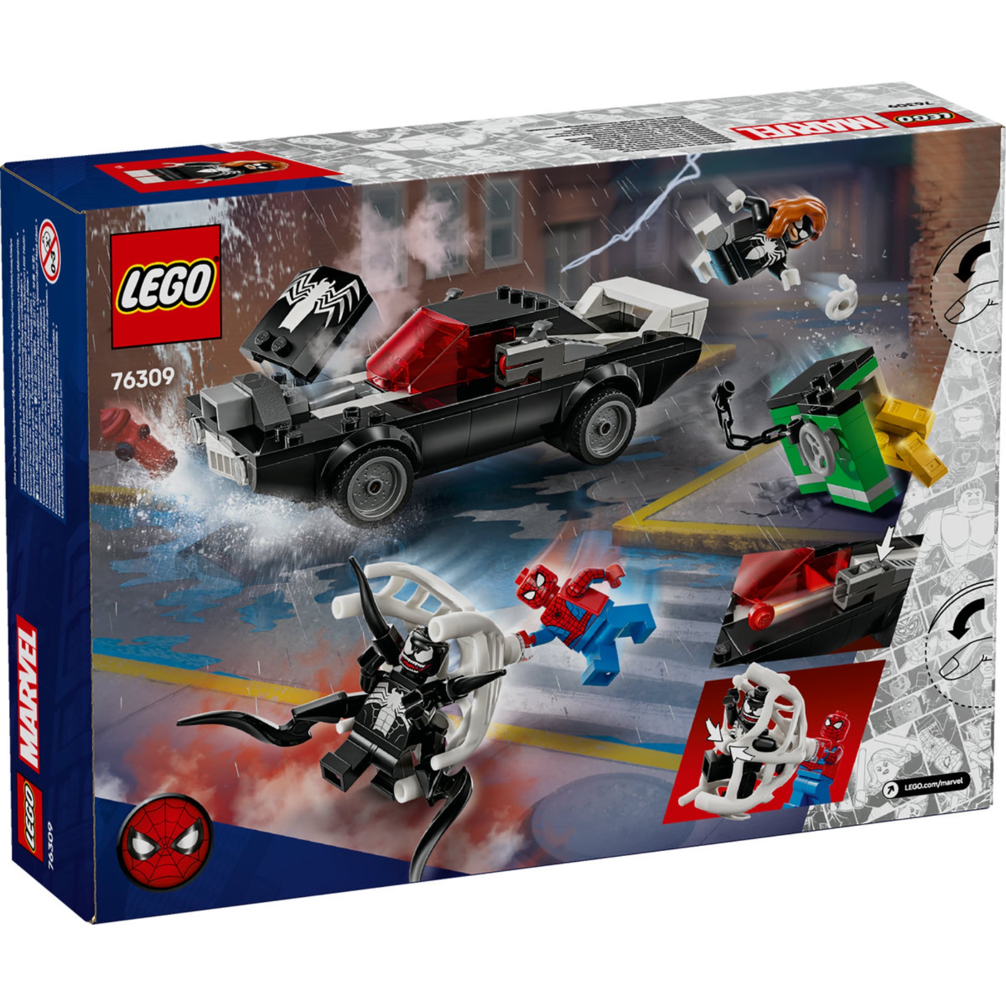 A LEGO Marvel doboza, amely Pókembert és Venomet ábrázolja egy izgalmas küzdelemben, ahol Pókember egy repülő szörfdeszkán van, míg Venom egy robosztus izomautót vezet.