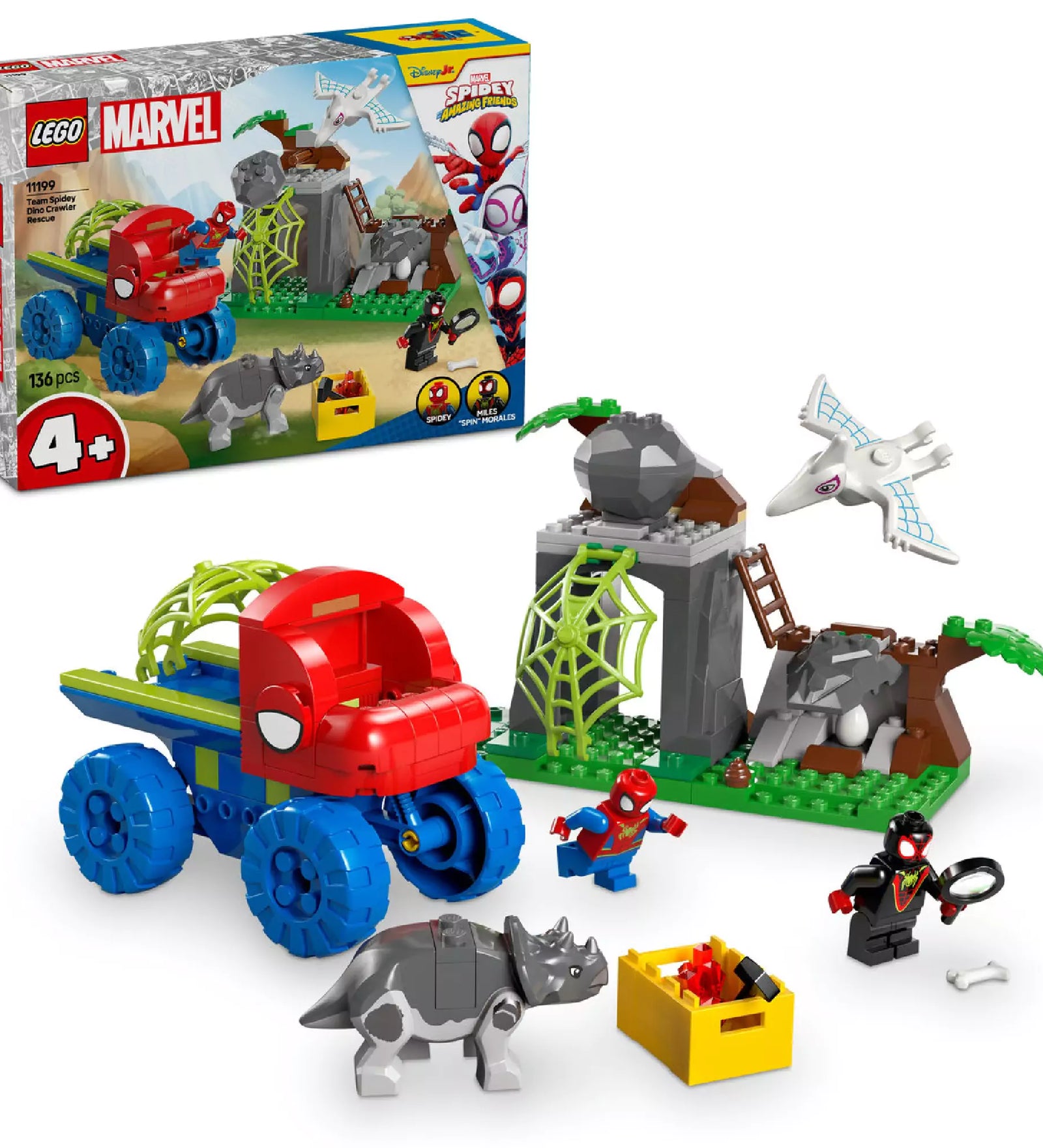 A LEGO Marvel Super Heroes 11199 Team Spidey Dino Crawler Rescue készlet, amely tartalmazza a dino-camiont, Spidey és Miles „Spin” Morales minifigurákat, valamint egy triceratopsz dinoszauruszt. A háttérben egy sziklás terület, pókfonál és egy dino tojás, miközben Spidey éppen fut a dino-camion mellett.