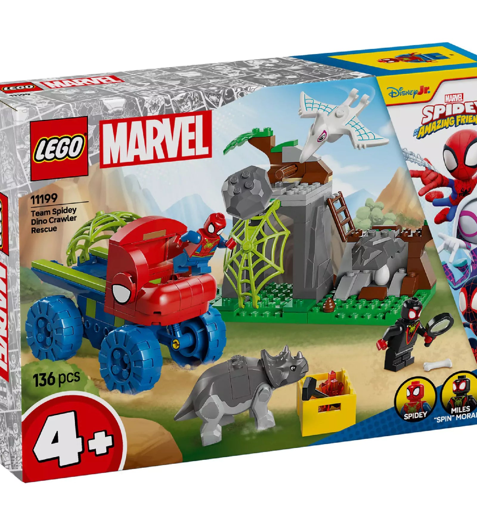 LEGO Marvel Super Heroes – Spidey és Gobby: Dino Crawler Mentőakció (11199) készlet, Spidey és Miles Morales minifigurákkal, dino kamionnal, dinoszauruszokkal és egy pókfonál funkcióval.