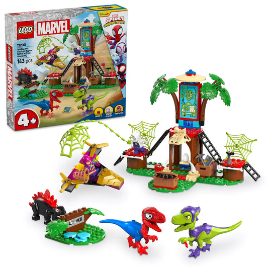A kép a LEGO Marvel Super Heroes Spidey vs. Gobby (11200) készletet ábrázolja. A készlet tartalmazza a fészekházat, Spidey és Gobby dinoszaurusz figuráit, valamint egy helikoptert. Emellett láthatók pók hálók, kiegészítő elemek, és a játékterület, amely dínószerű tájat ábrázol, valamint a karakterek kalandját. A csomag tartalmazza a színes építőkockákat, amelyek segítségével a gyermekek a saját történeteiket hozhatják létre.