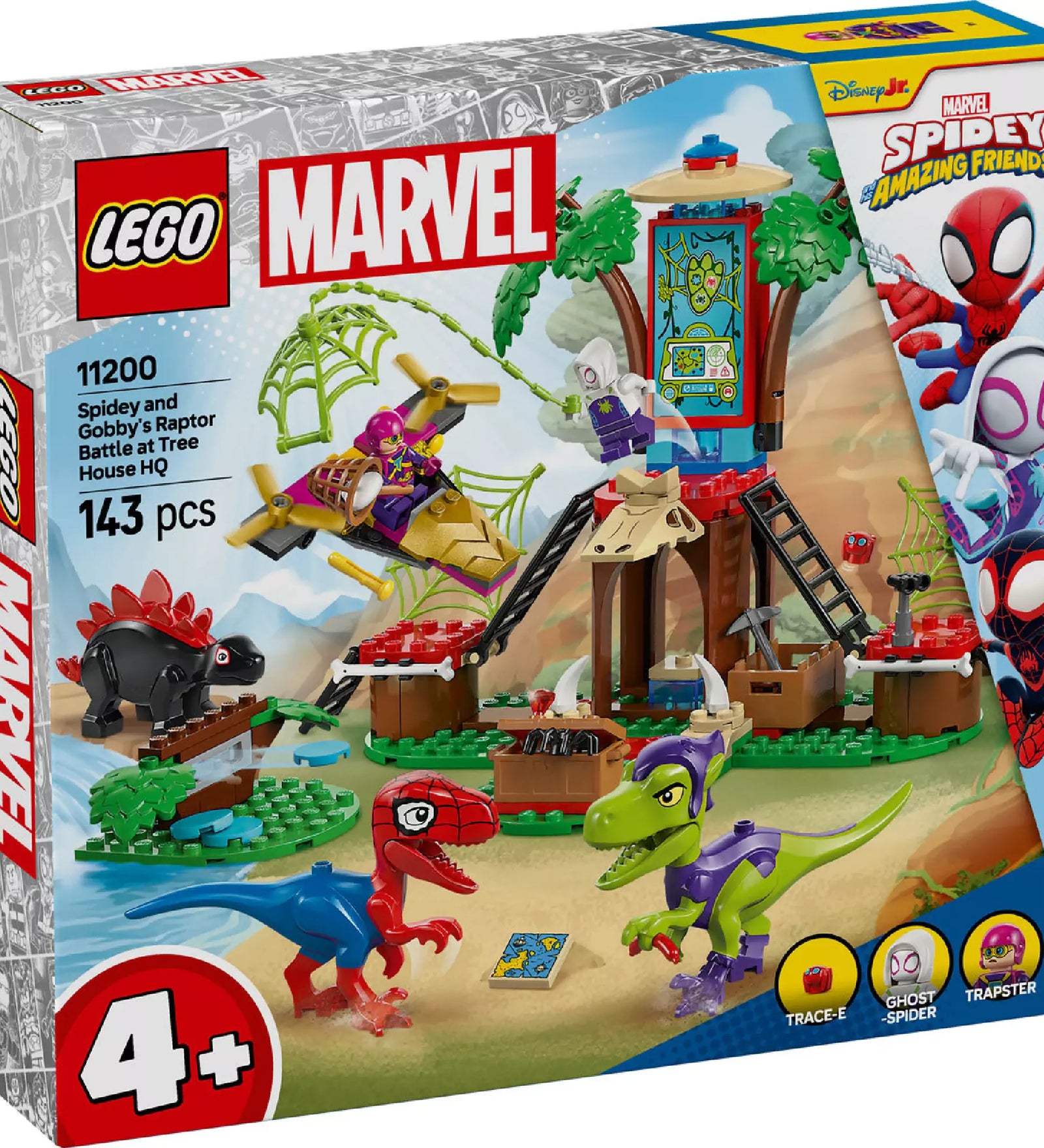 A LEGO Marvel Super Heroes Spidey vs. Gobby (11200) szett egy izgalmas fészekházat, három szuperhőst, két dino-vehiklit és kiegészítőket ábrázol. A képen a fészekház és a játékfigurák láthatók a különböző elemekkel, mint a pók hálók és a kincsesládák.
