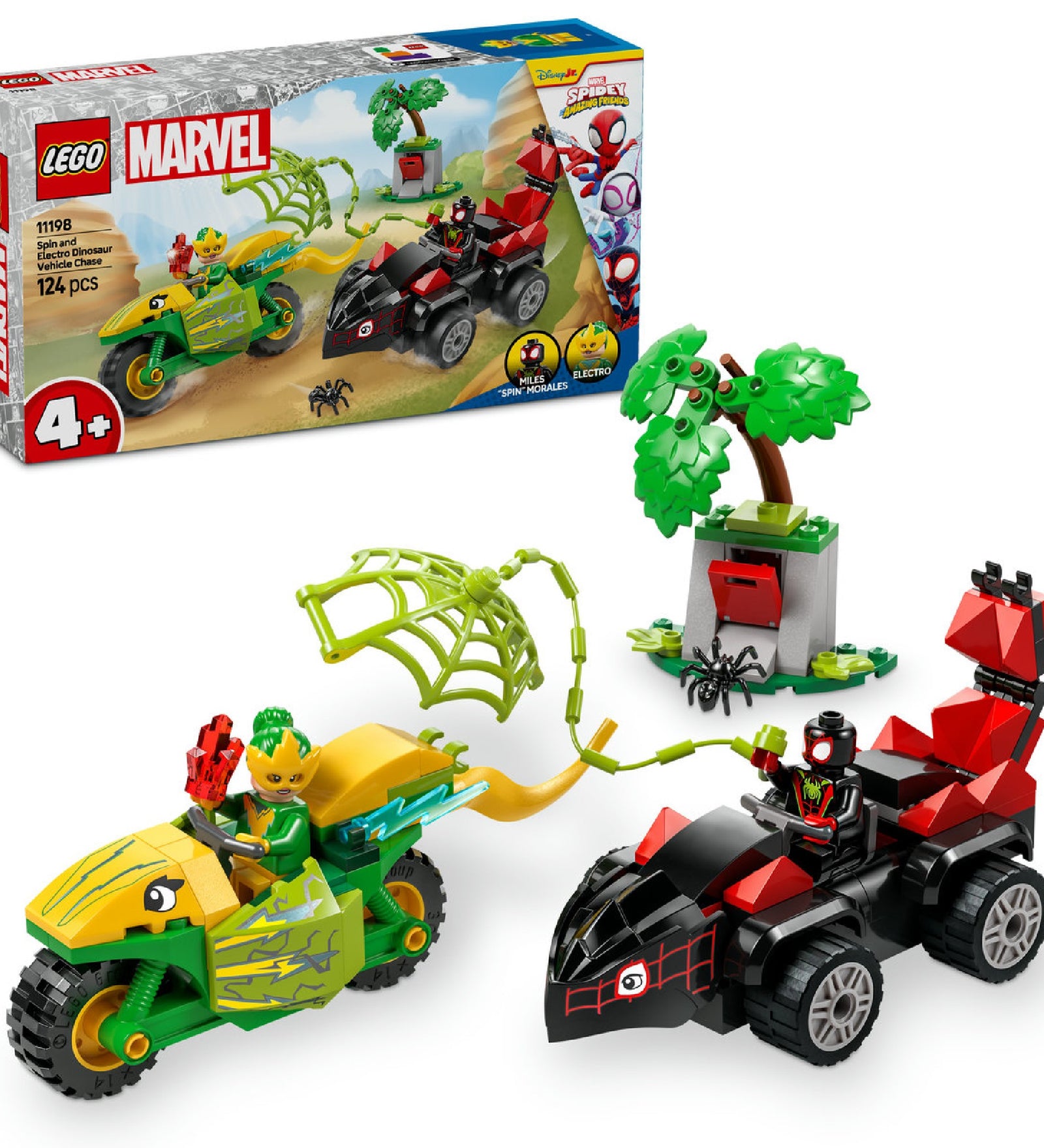 Egy LEGO Marvel Super Heroes Spin és Electro dino-járműves készlet (11198) tartalmát bemutató kép, amelyen látható a stegoszaurusz formájú autóban ülő Miles "Spin" Morales, a dilophosaurus formájú motoron ülő Electro, egy fa kiegészítő és különböző játékelemek, például a pókfonal és egy kis pók.