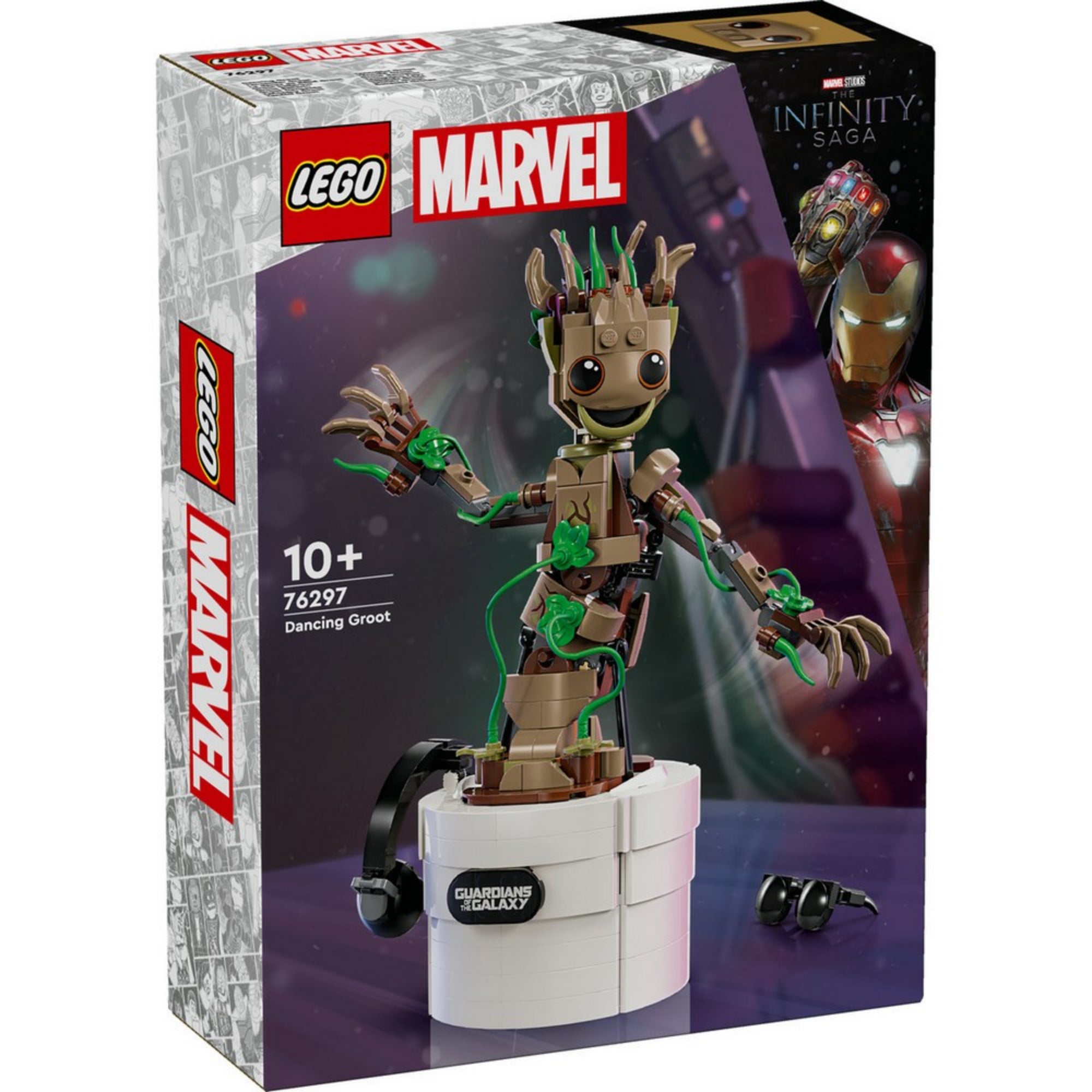 A LEGO Marvel Táncoló Groot (76297) szett doboza, amelyen a karakter dinamikus pózban szerepel az alapkészlettel, Marvel logóval és 459 darabos jelöléssel.