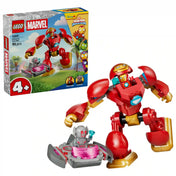 LEGO Marvel Vasember Hulkbuster vs. Ultron (11209) készlet tartalma a dobozzal együtt, megépített Hulkbuster robottal, Iron Man figurával, Ultronnal és futurisztikus lebegő platformmal.